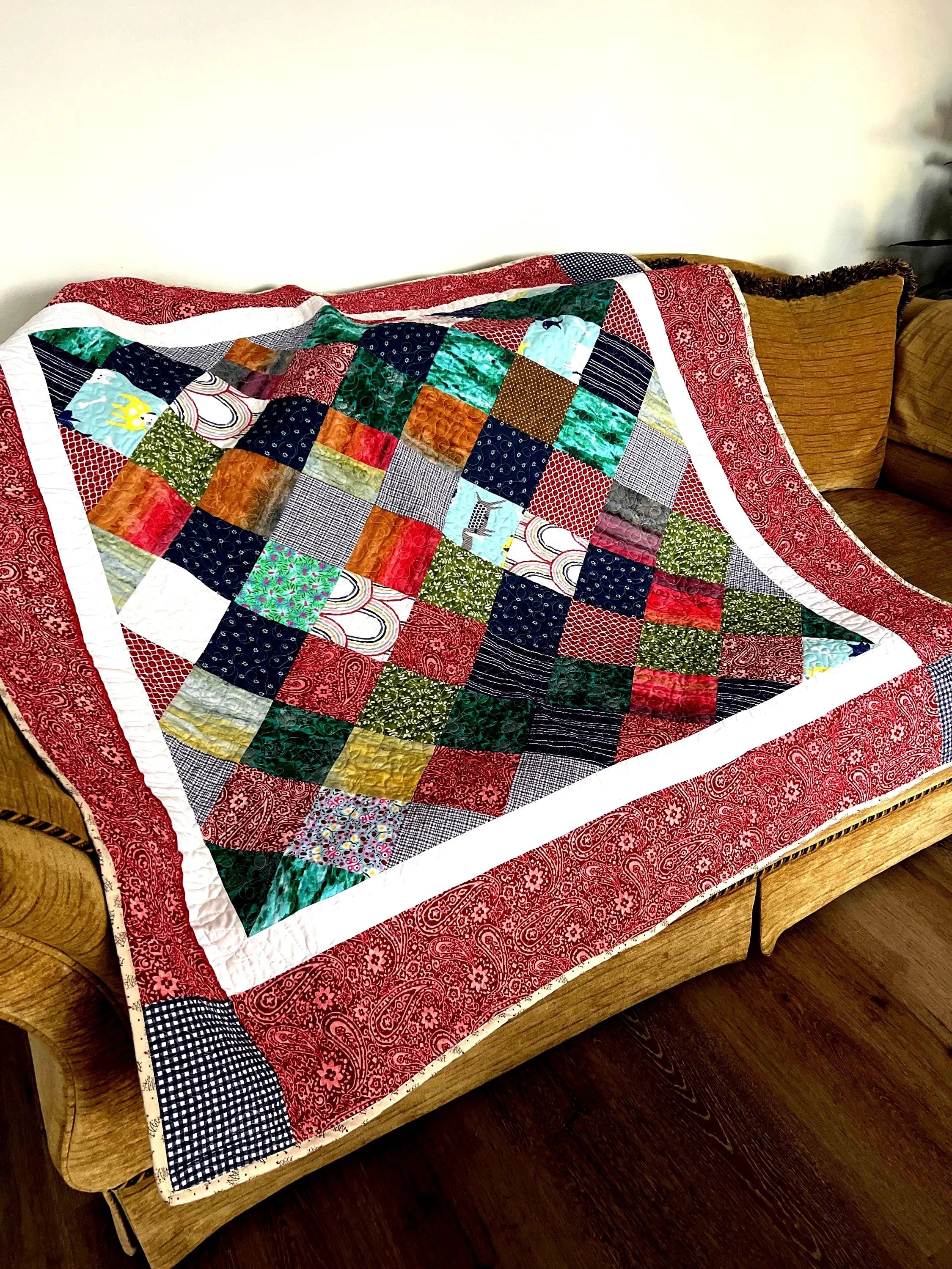 Handmade Reversible Patchwork Quilt: Bright Colorful Sofa Throw