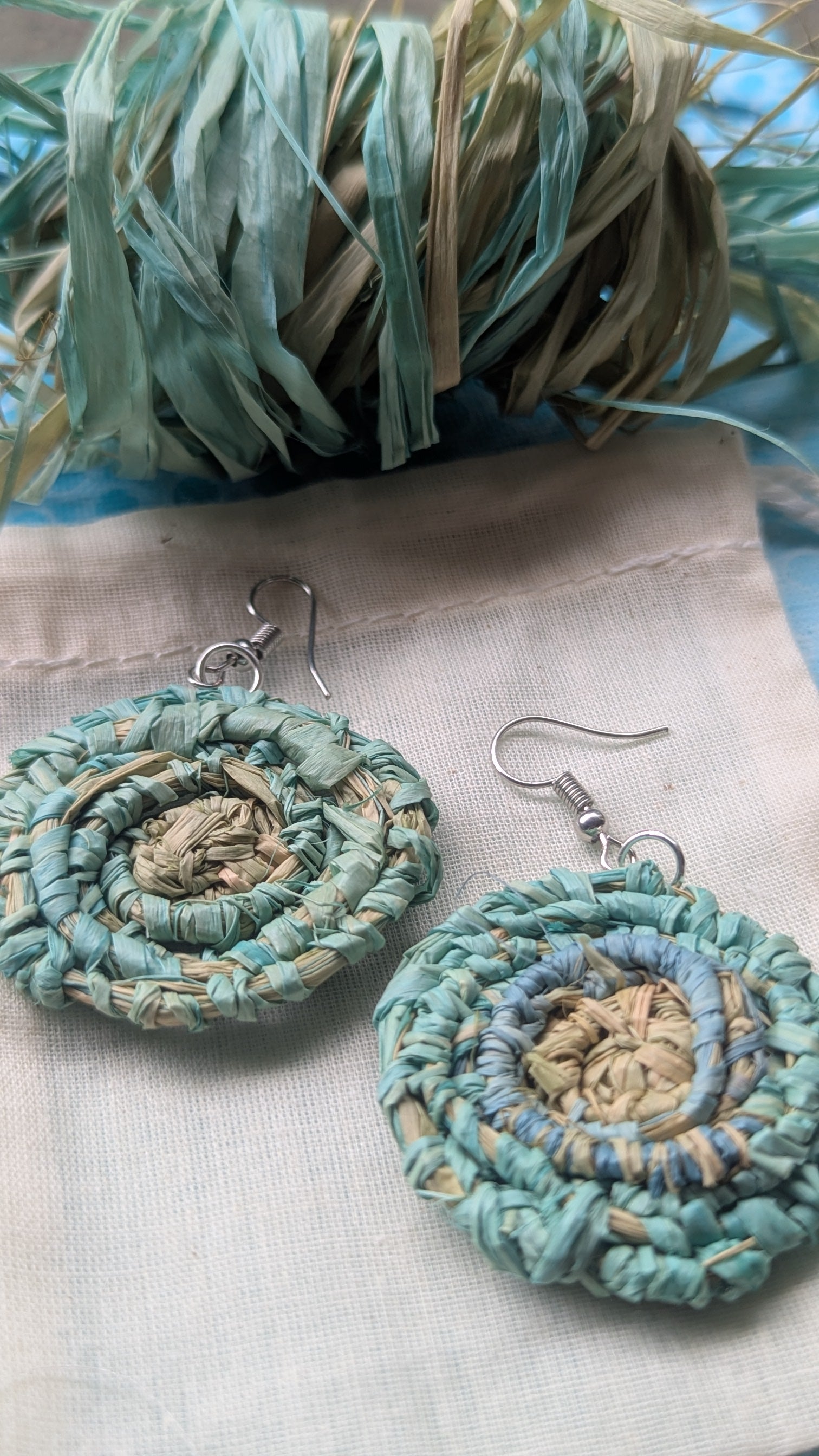 Earrings Hand Woven Dangles in Gift bag- Choose Blue or Pink