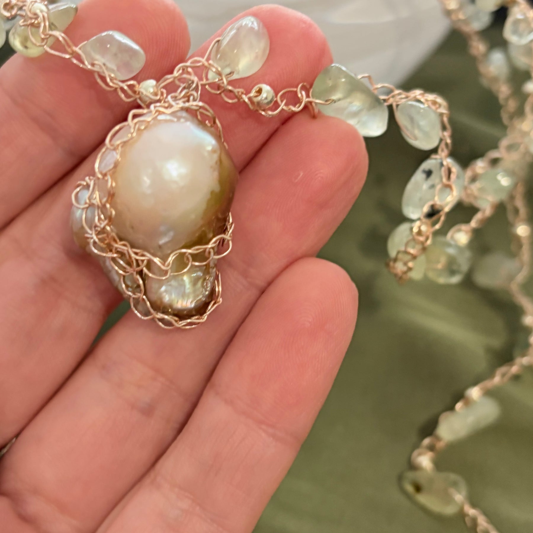Prehnite and Baroque Pearl “Symphony in Green” Necklace