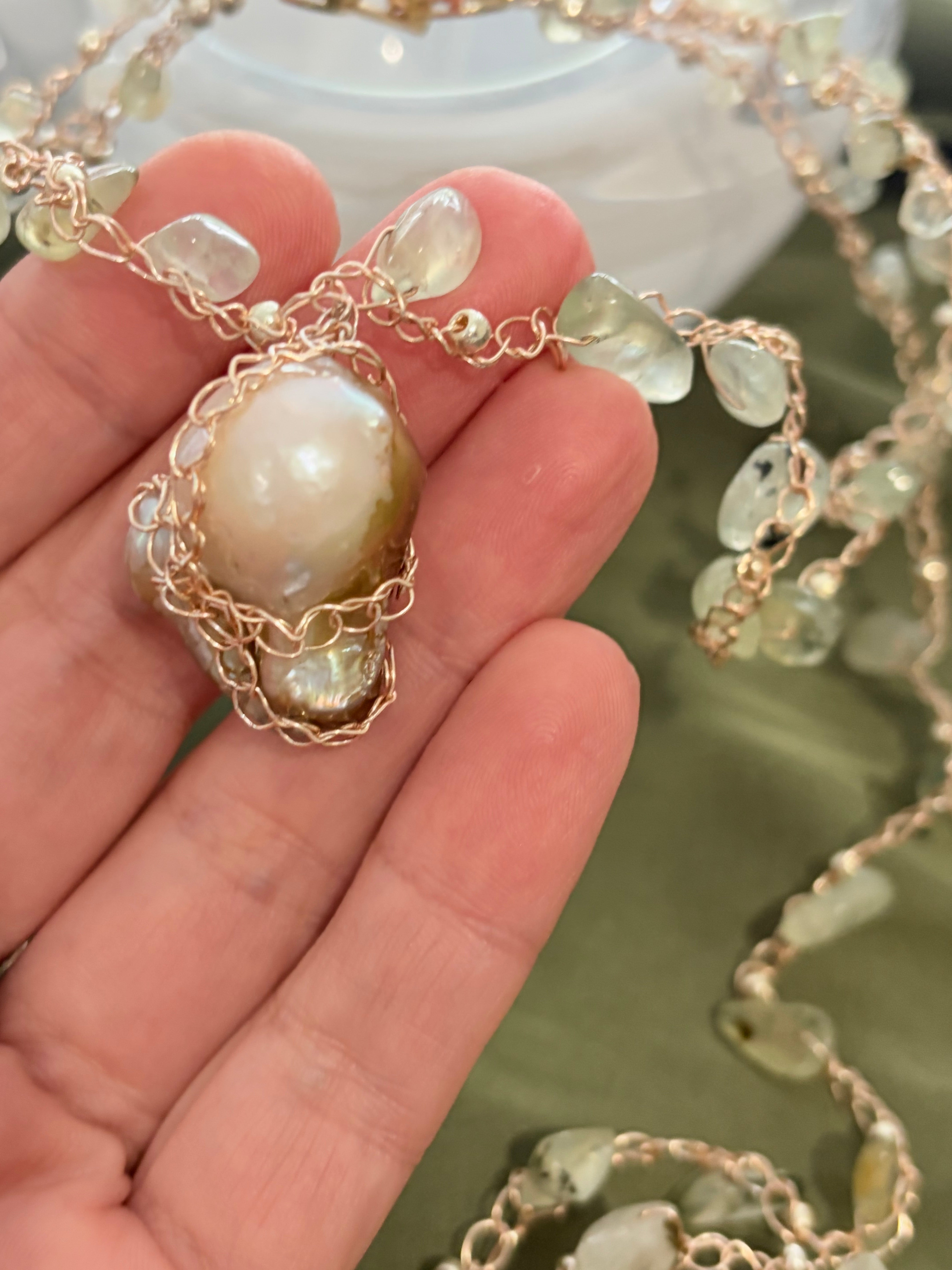 Prehnite and Baroque Pearl “Symphony in Green” Necklace