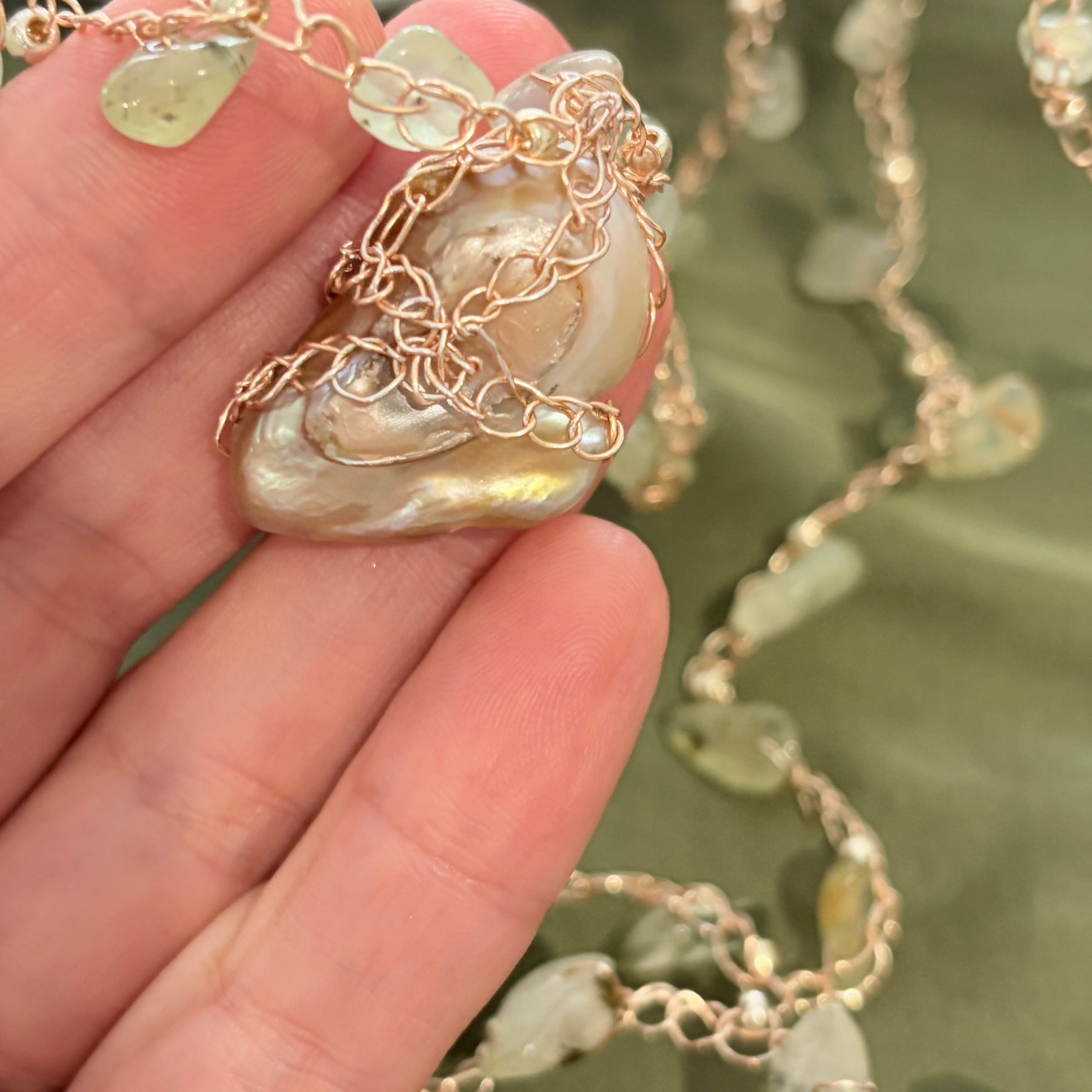 Prehnite and Baroque Pearl “Symphony in Green” Necklace