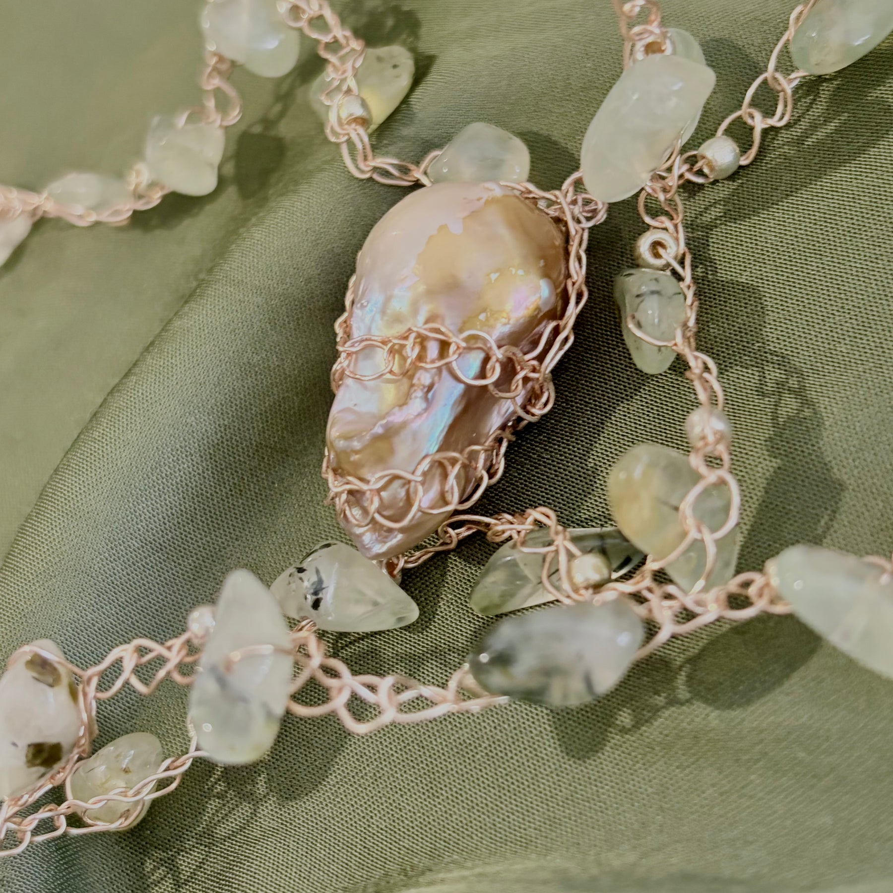 Prehnite and Baroque Pearl “Symphony in Green” Necklace
