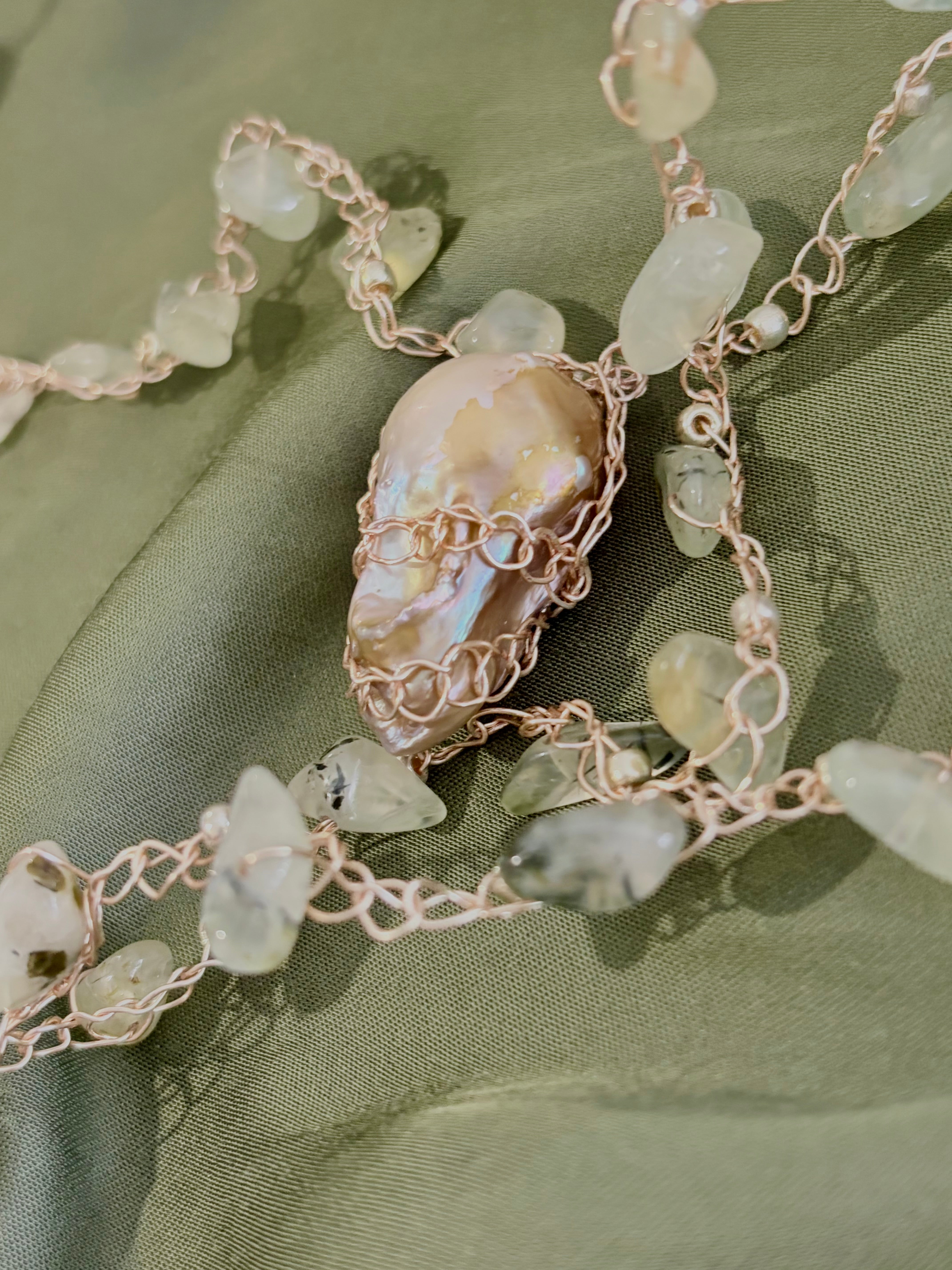 Prehnite and Baroque Pearl “Symphony in Green” Necklace
