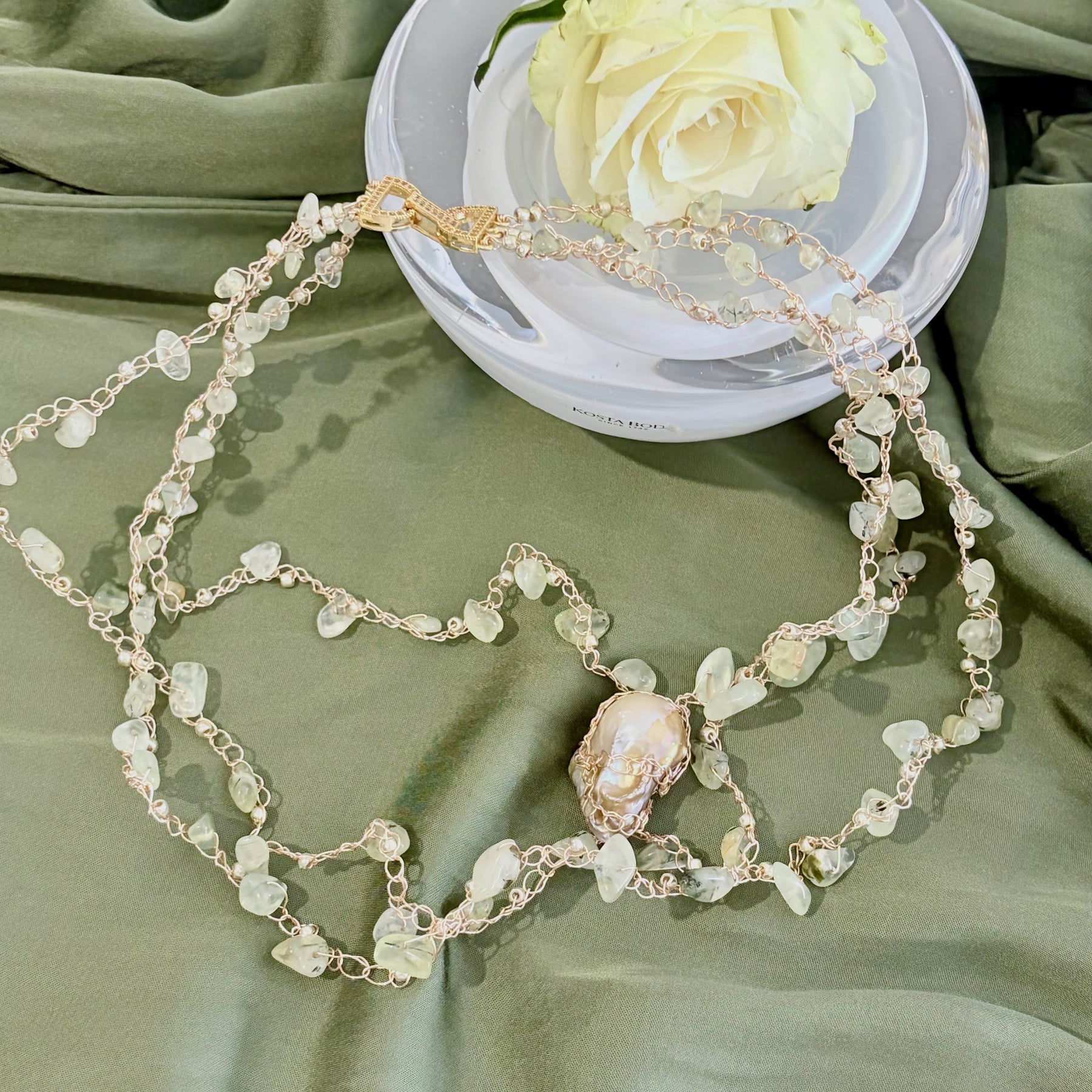 Prehnite and Baroque Pearl “Symphony in Green” Necklace