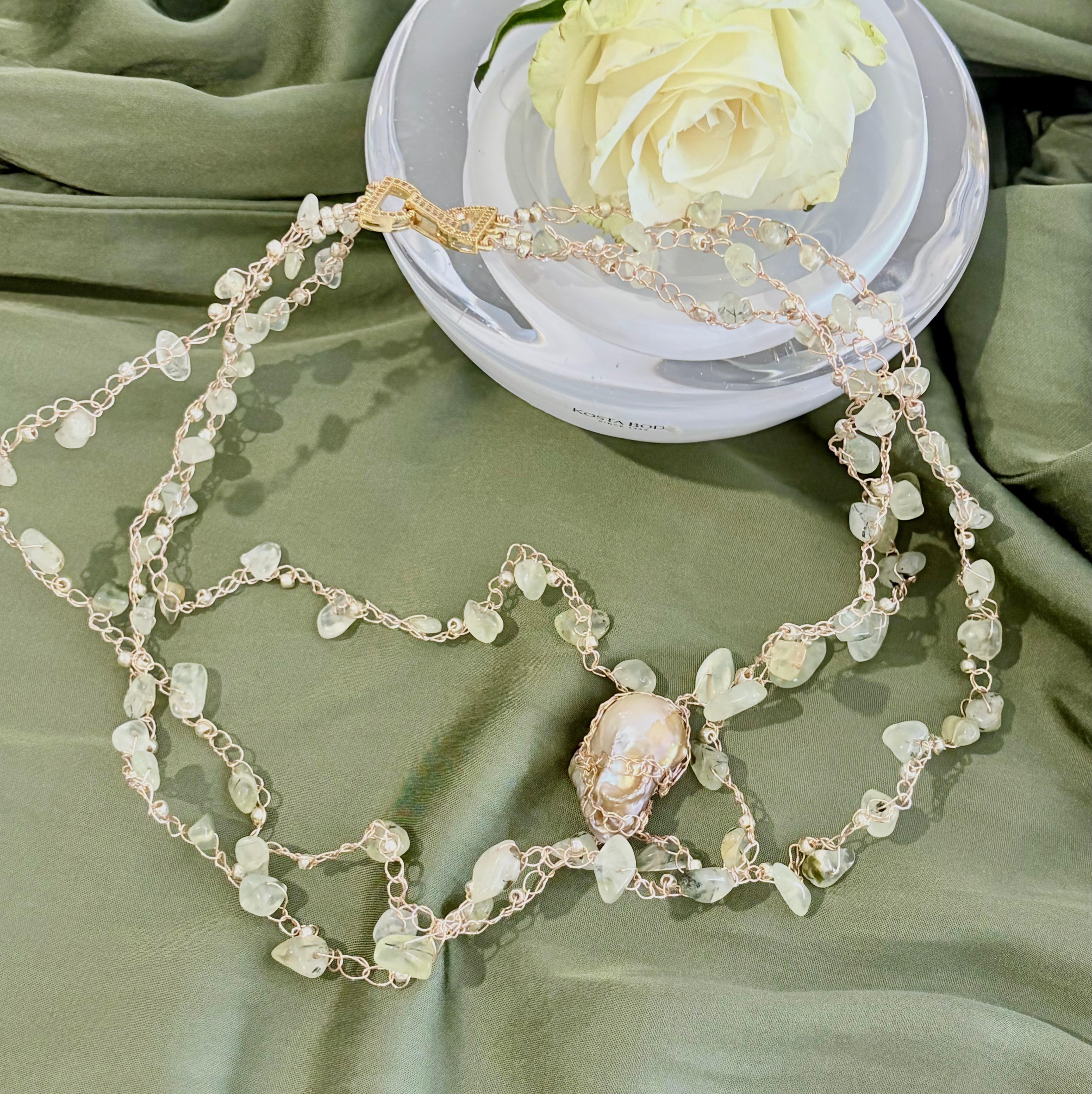 Prehnite and Baroque Pearl “Symphony in Green” Necklace