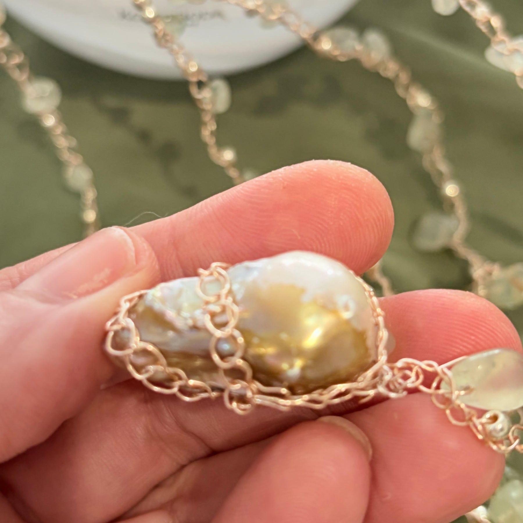 Prehnite and Baroque Pearl “Symphony in Green” Necklace