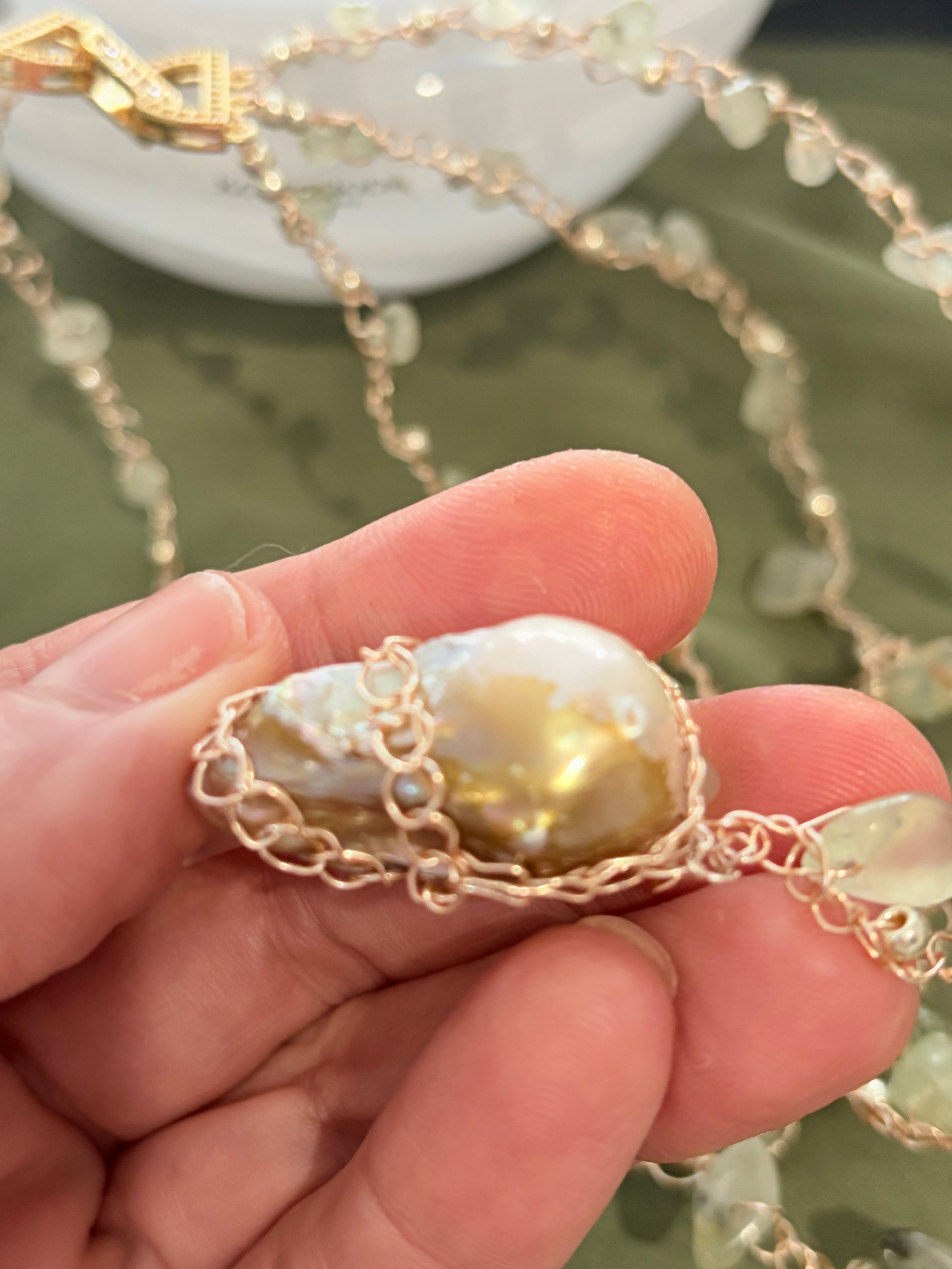 Prehnite and Baroque Pearl “Symphony in Green” Necklace