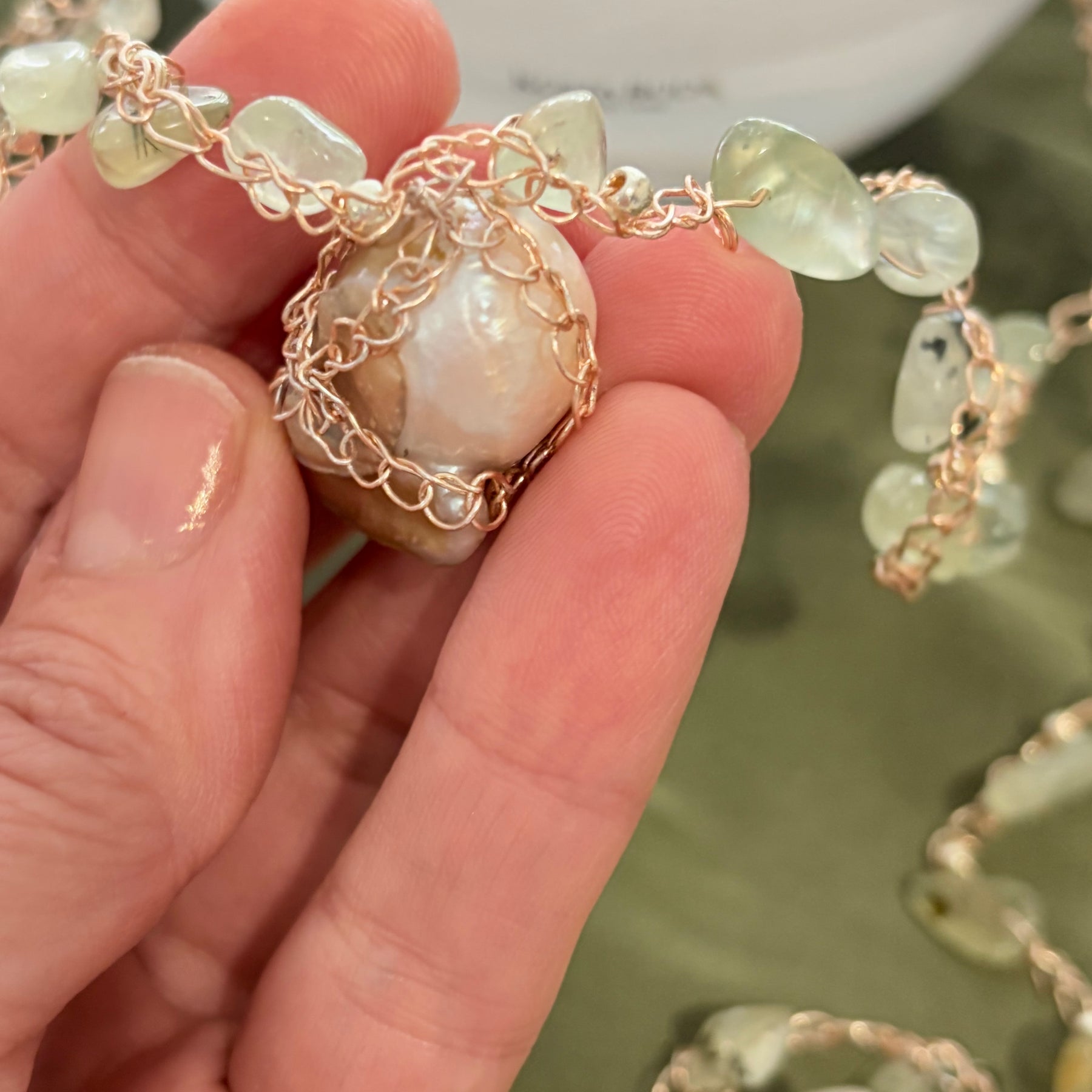 Prehnite and Baroque Pearl “Symphony in Green” Necklace