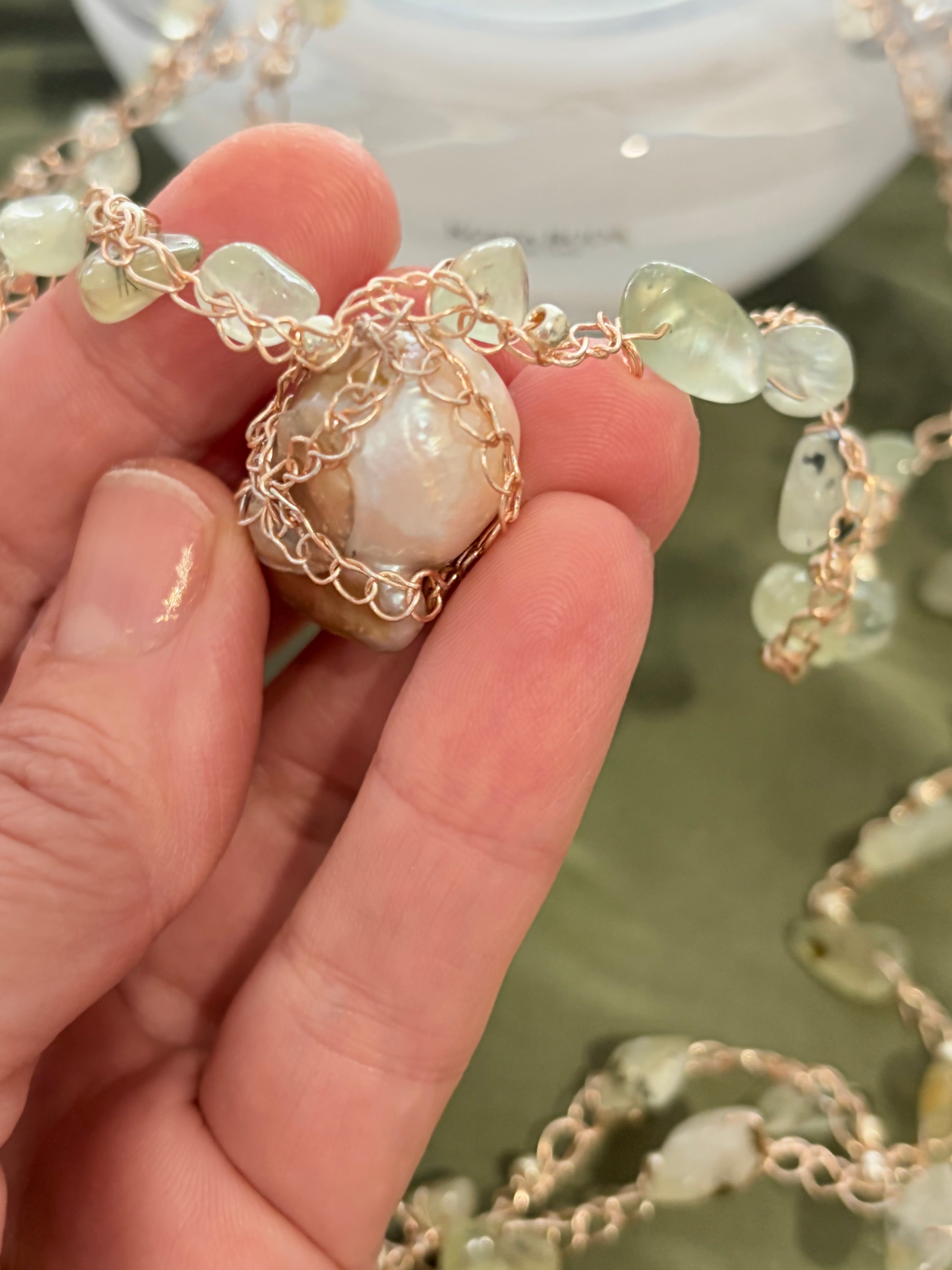Prehnite and Baroque Pearl “Symphony in Green” Necklace
