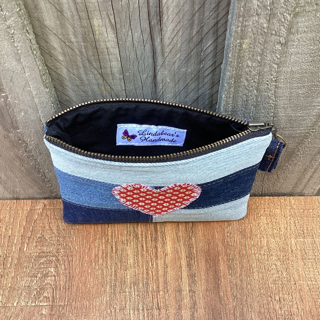 Upcycled Denim Coin Purse - Red Floral Heart