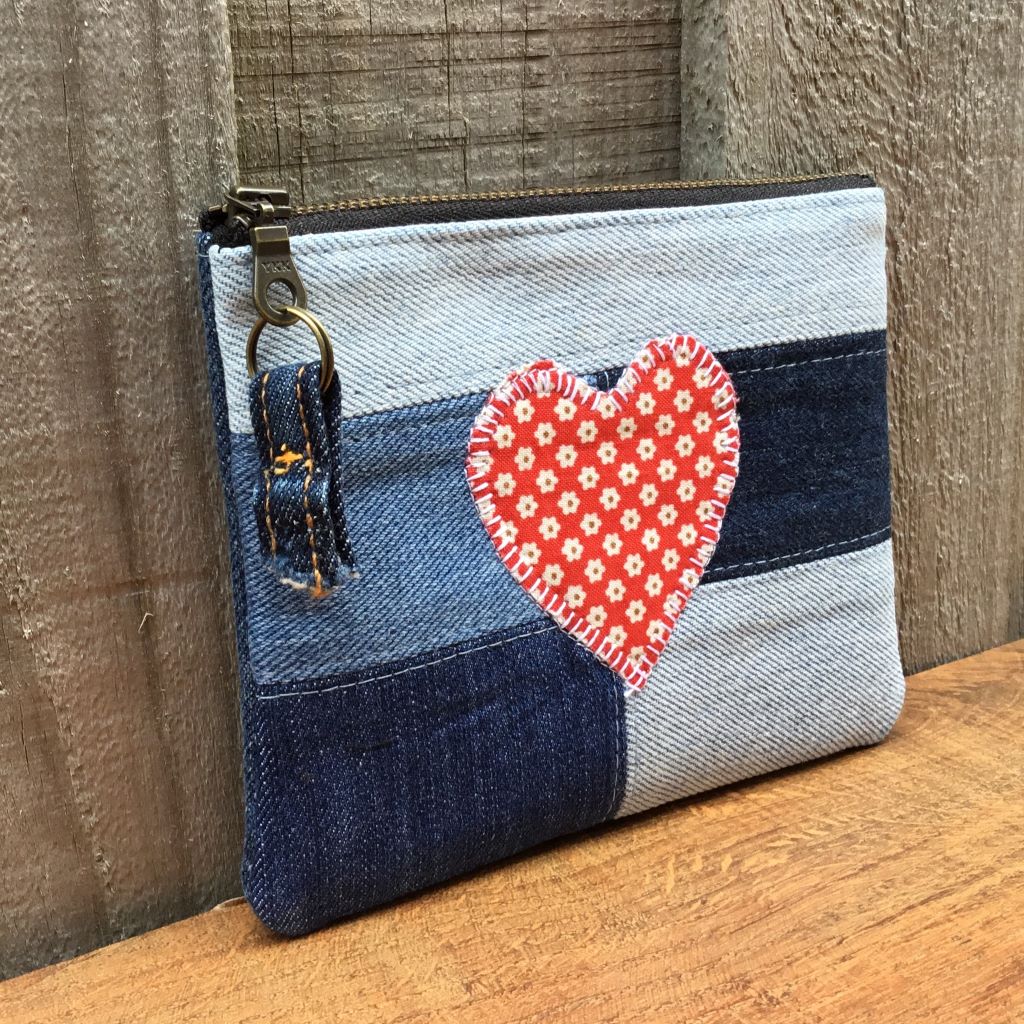 Upcycled Denim Coin Purse - Red Floral Heart