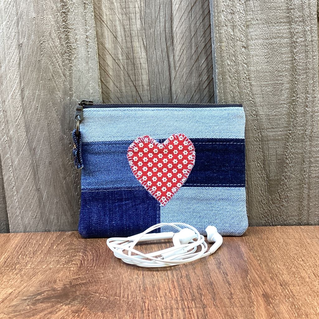 Upcycled Denim Coin Purse - Red Floral Heart