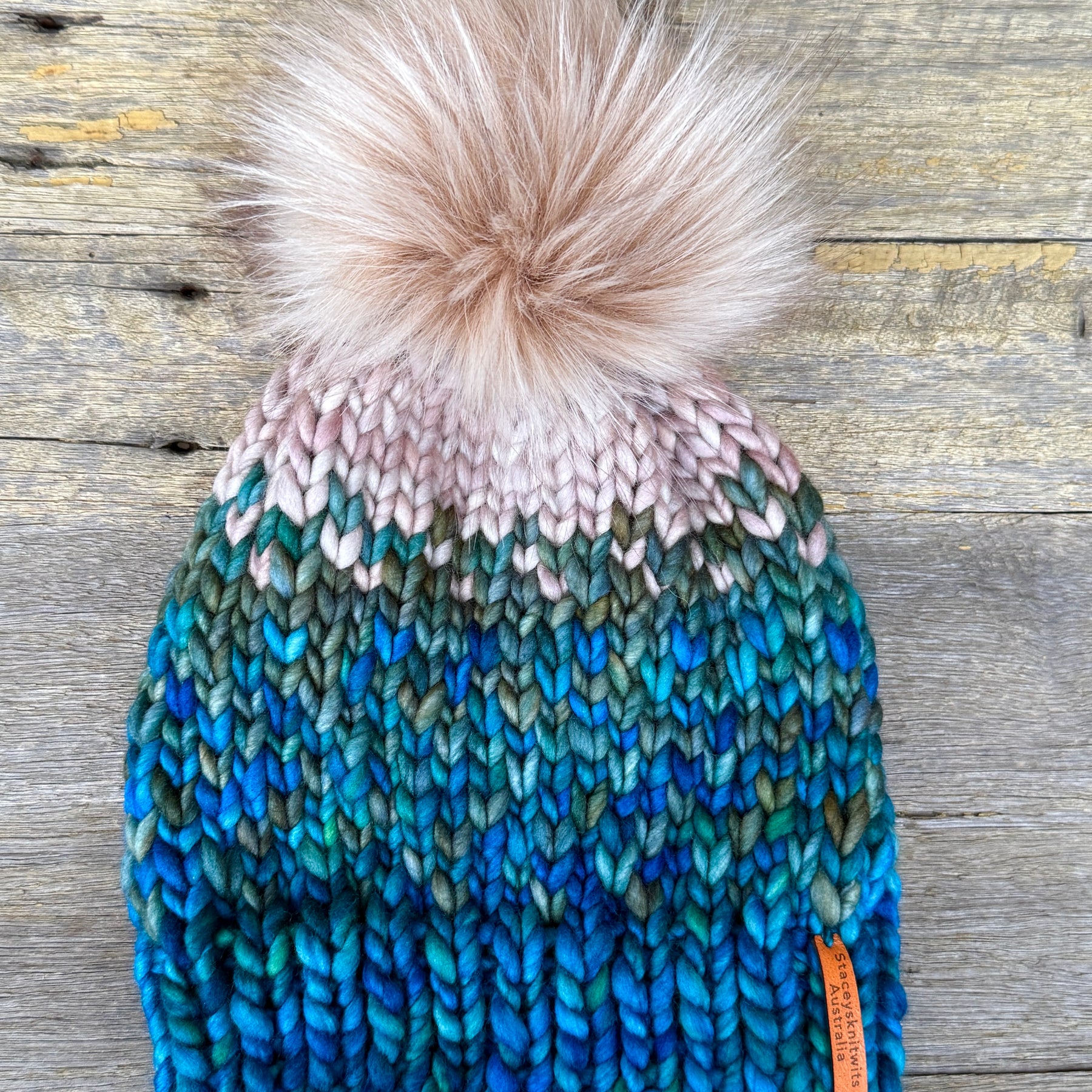 Hand knitted merino beanie, ladies pompom beanie
