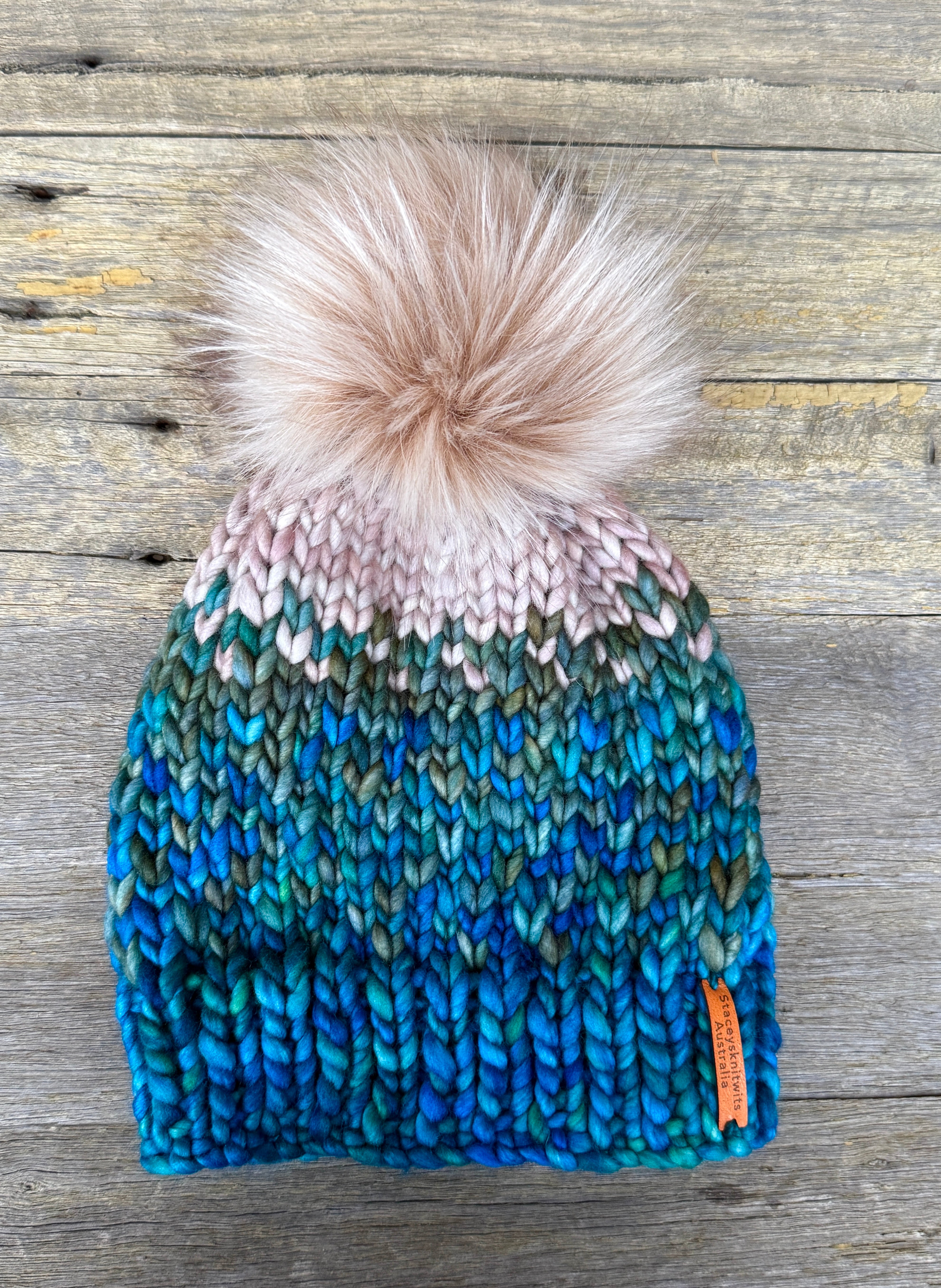 Hand knitted merino beanie, ladies pompom beanie