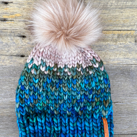 Hand knitted merino beanie, ladies pompom beanie