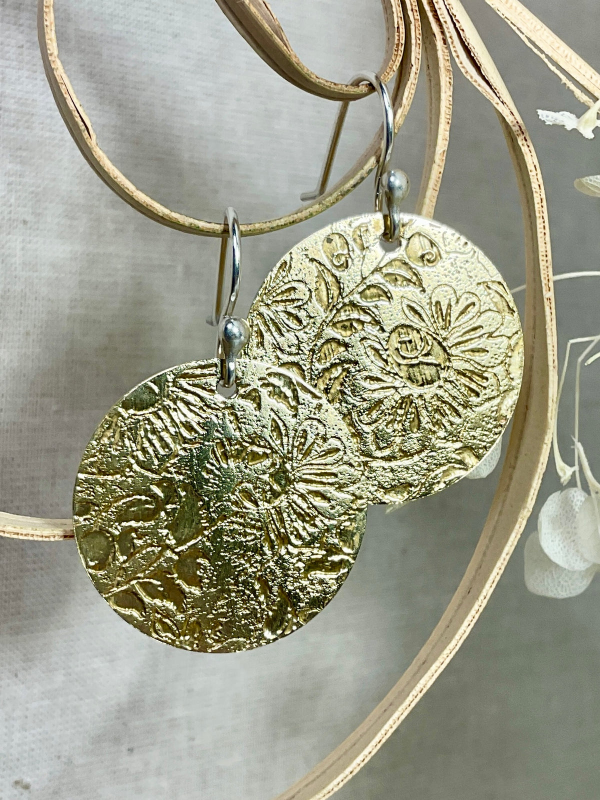 Brass disc earrings Embossed Handmade