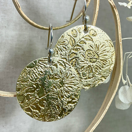 Brass disc earrings Embossed Handmade
