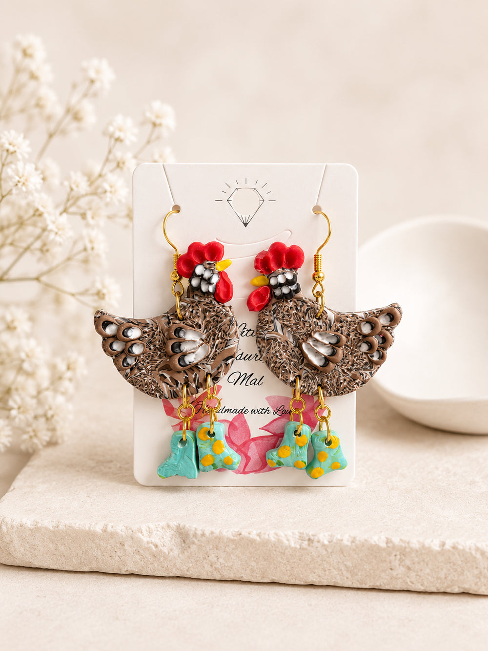 Handmade chicken earrings