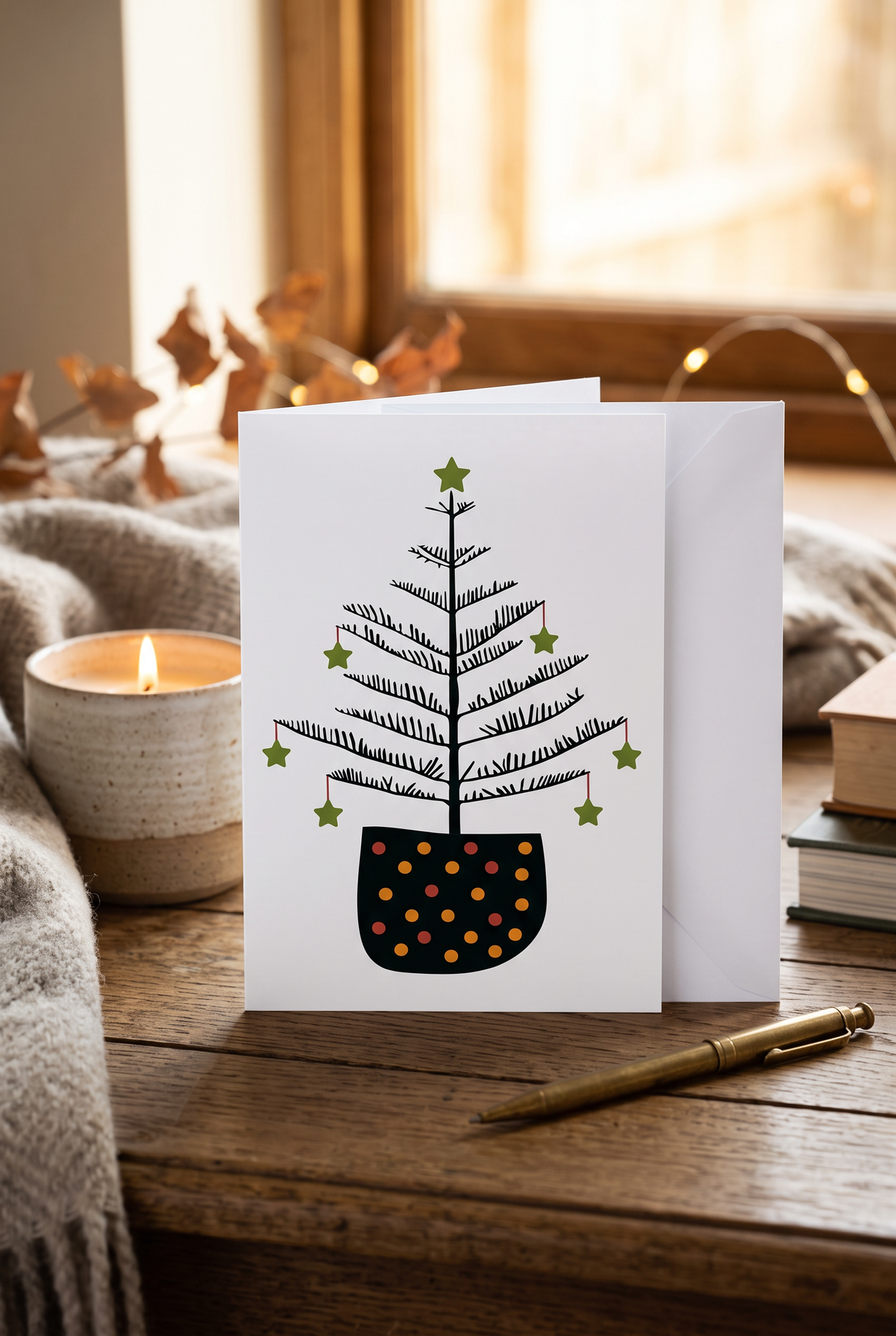8 pack Norfolk Pine Christmas Cards: Festive Holiday Card Set, Recycled Paper.