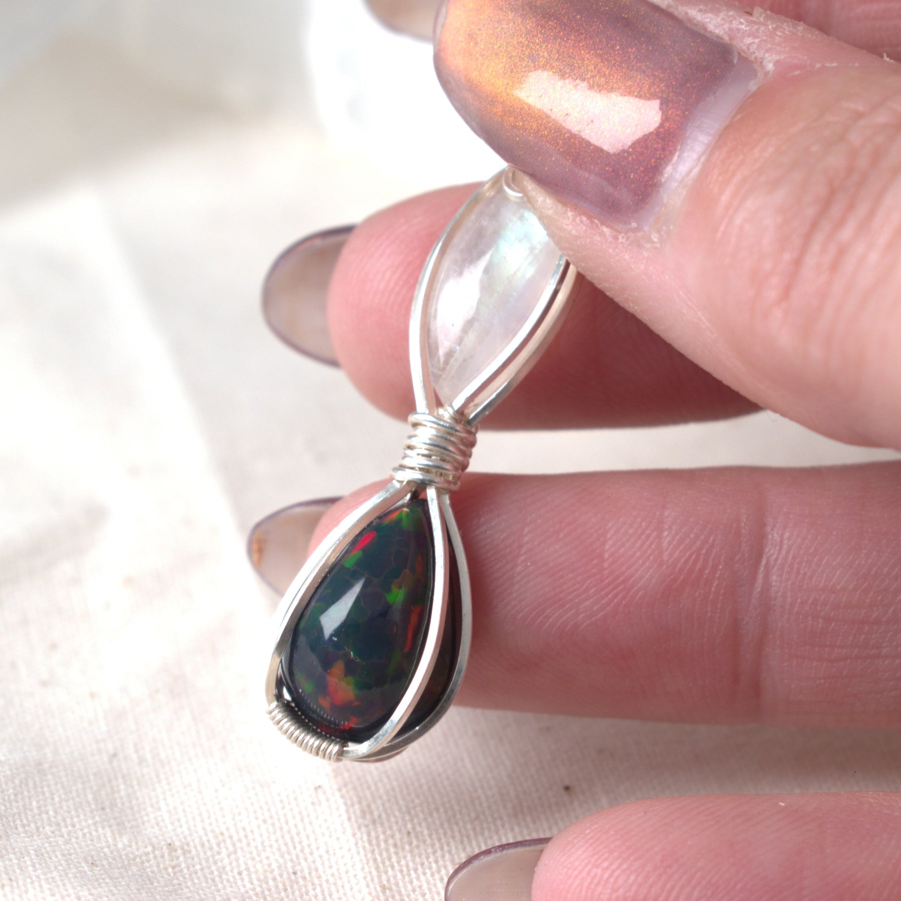 Moon Fire - Black Opal & Moonstone Wire Wrapped Pendant