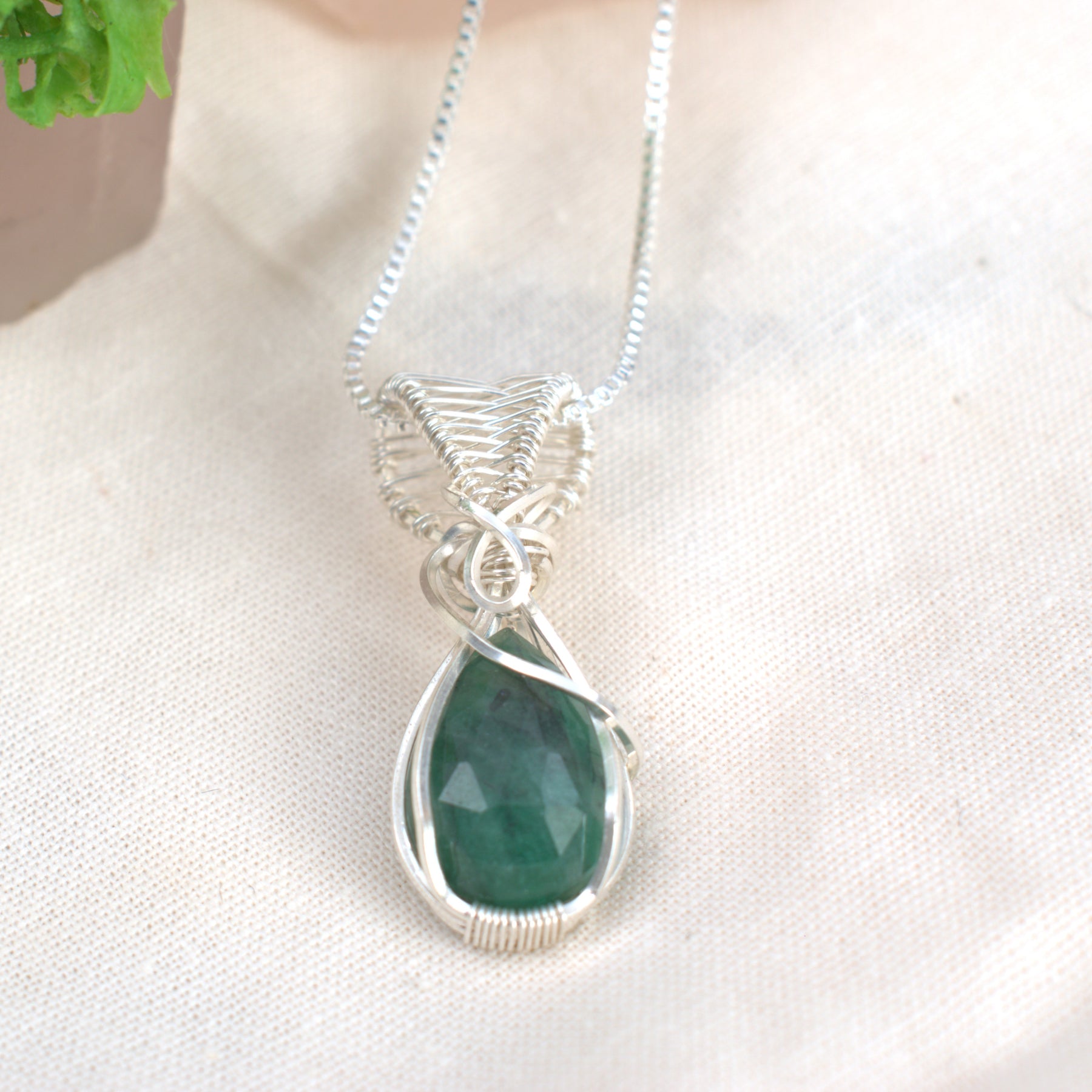 Wire-wrapped Emerald Hornblende Necklace - May Birthstone Pendant