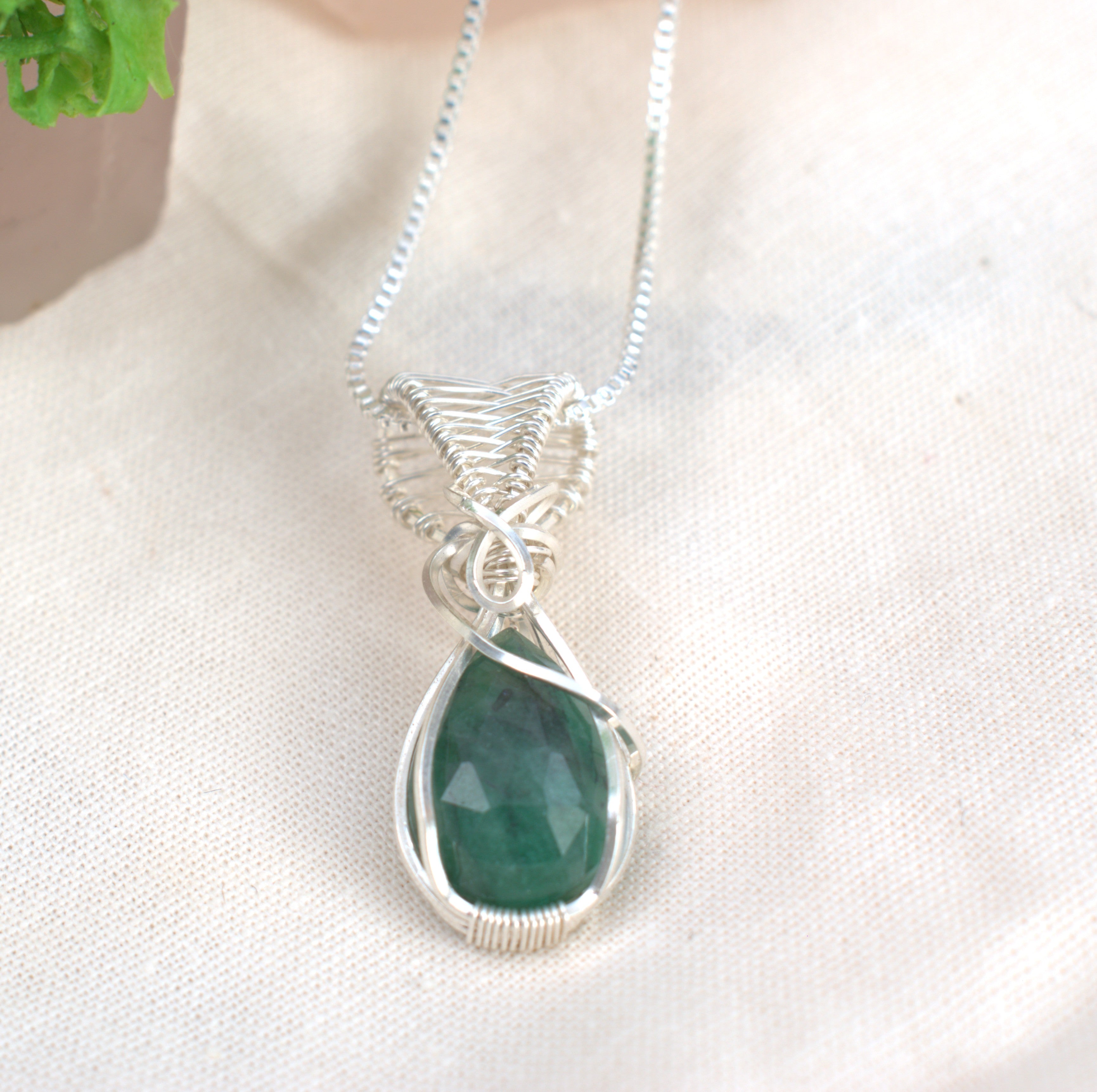 Wire-wrapped Emerald Hornblende Necklace - May Birthstone Pendant