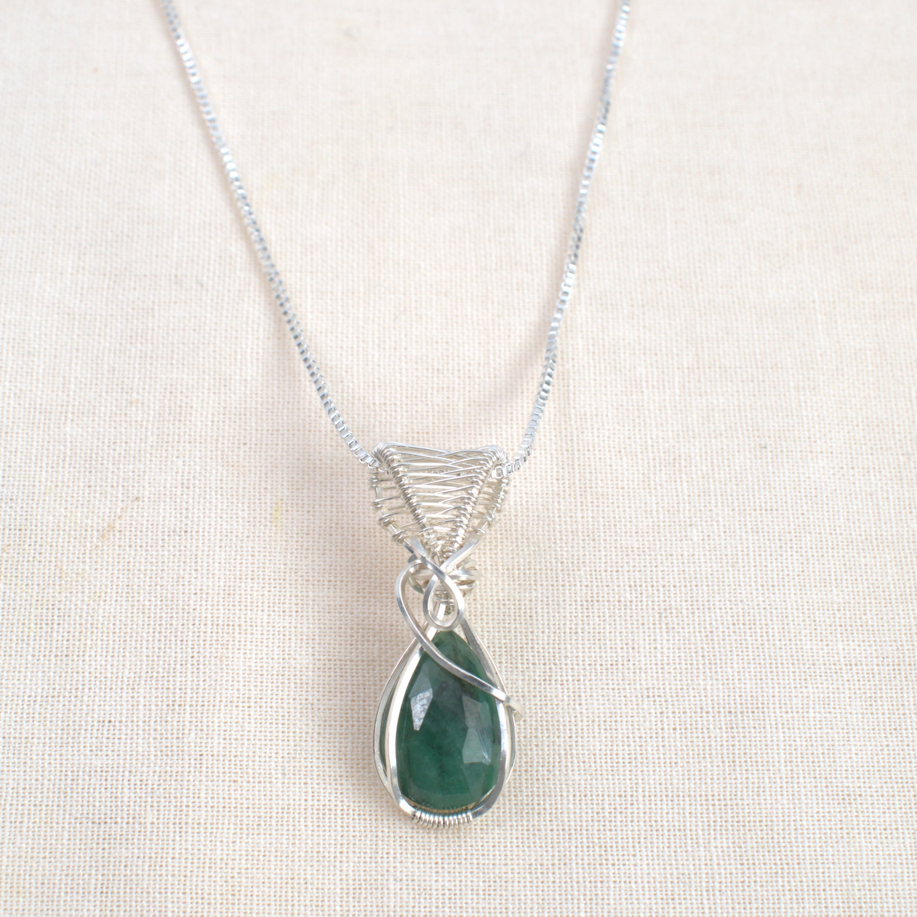 Wire-wrapped Emerald Hornblende Necklace - May Birthstone Pendant