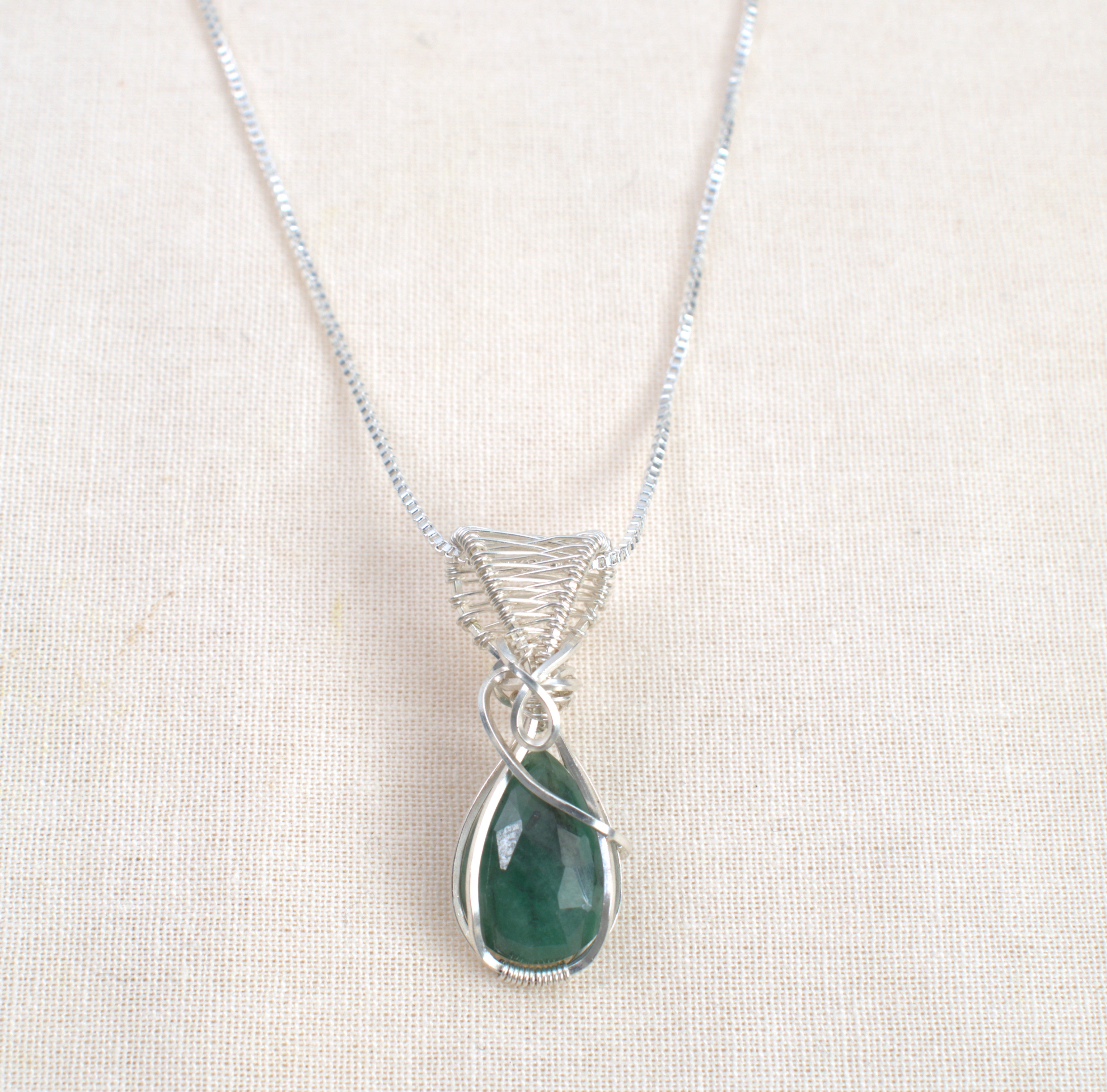 Wire-wrapped Emerald Hornblende Necklace - May Birthstone Pendant