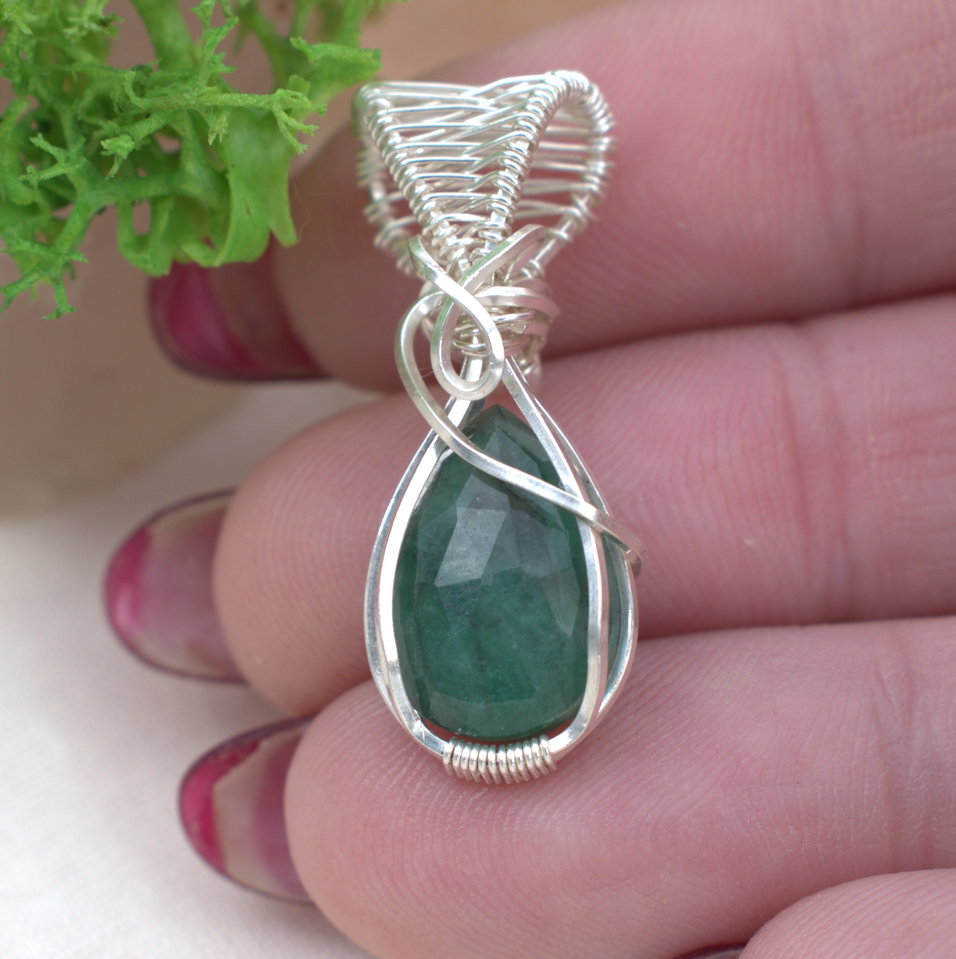 Wire-wrapped Emerald Hornblende Necklace - May Birthstone Pendant