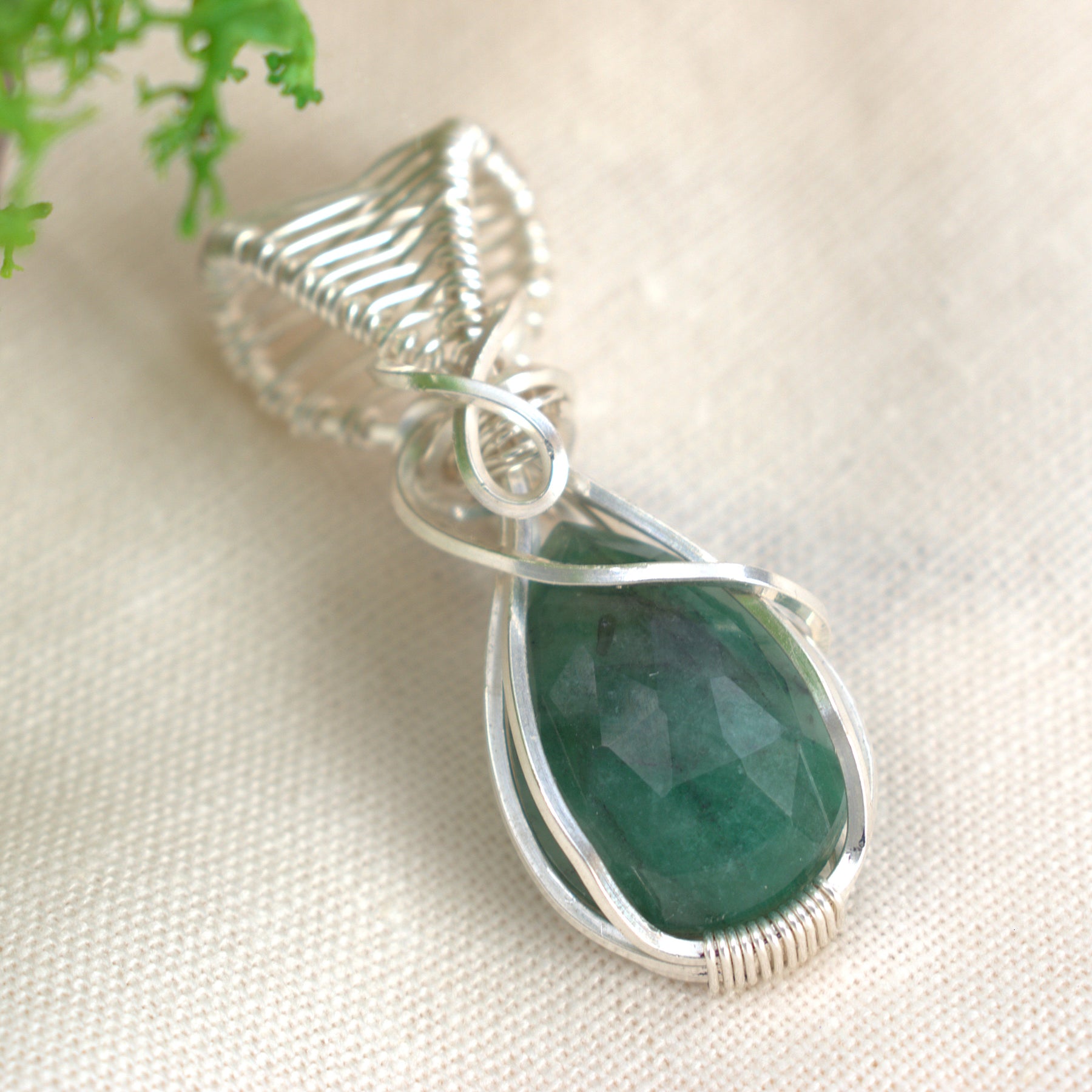Wire-wrapped Emerald Hornblende Necklace - May Birthstone Pendant