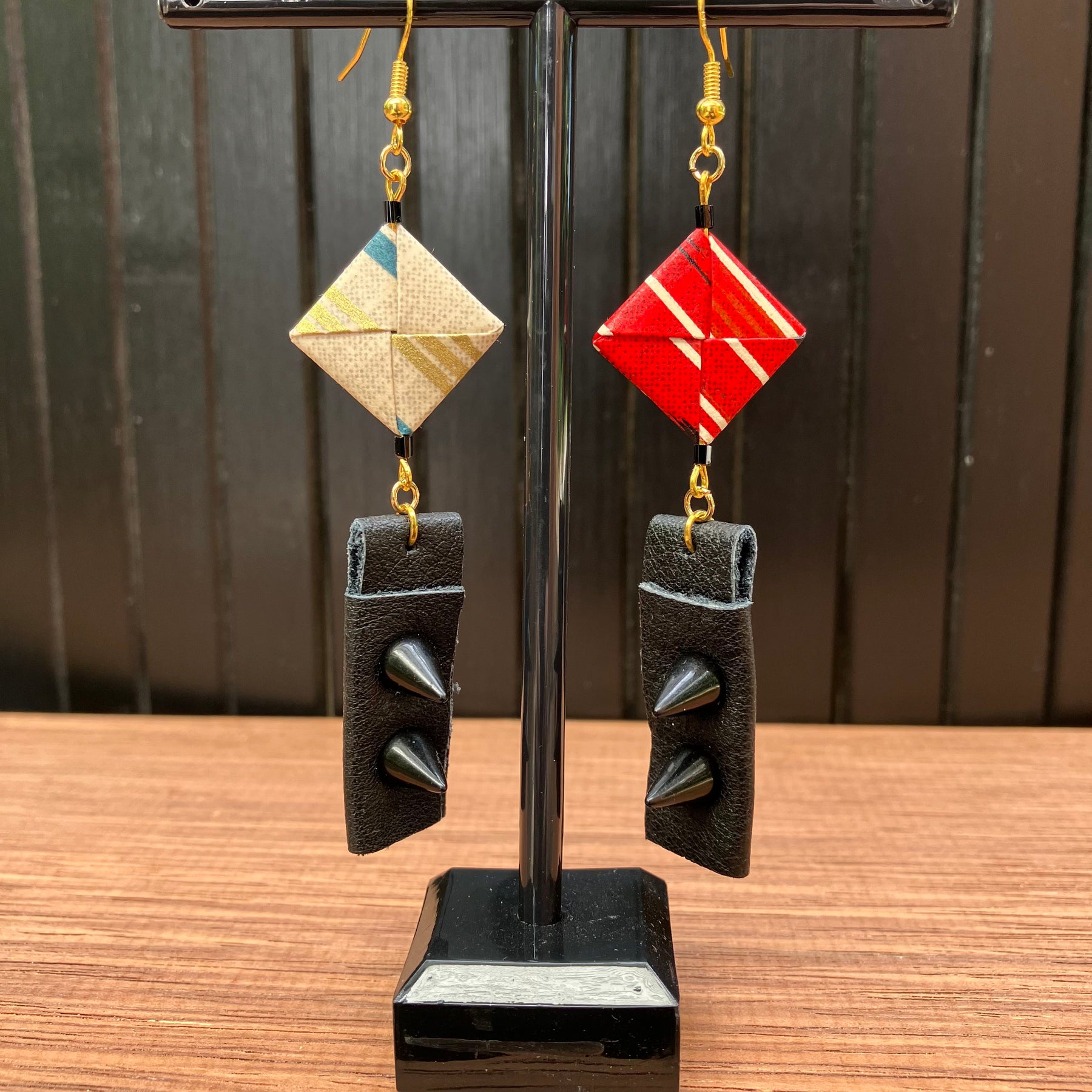 Japanese Paper and Leather Earrings – red and cream-beige
