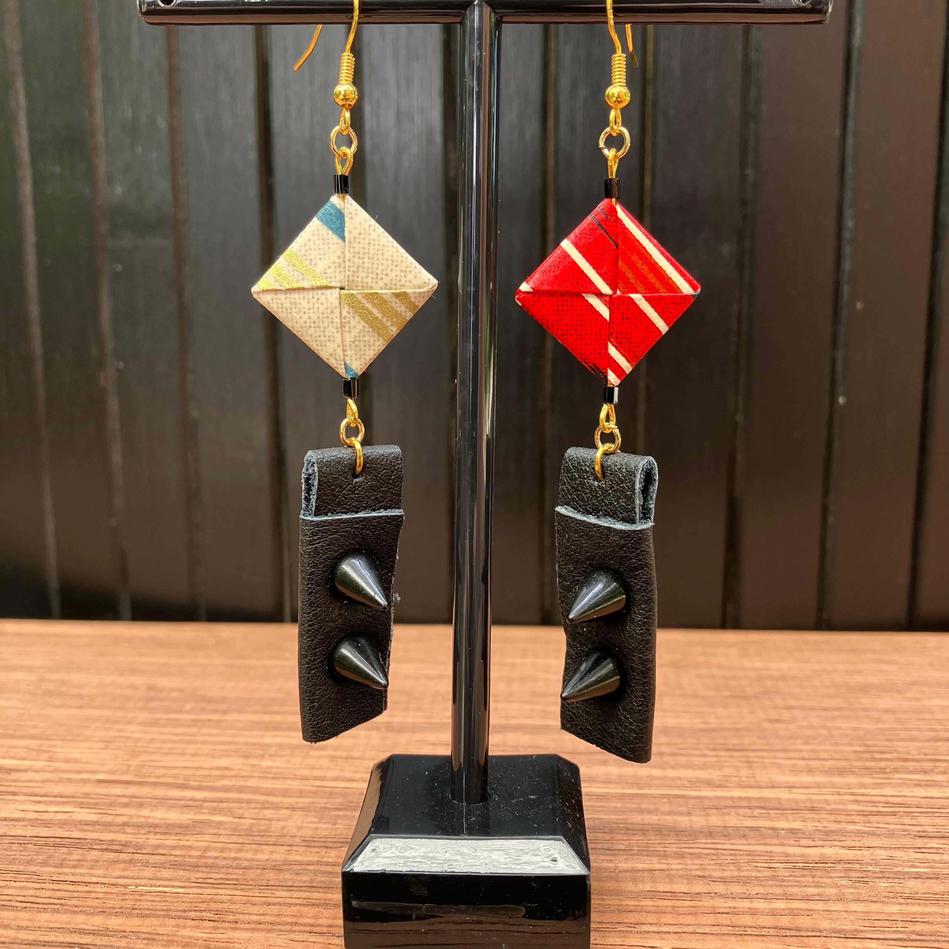 Japanese Paper and Leather Earrings – red and cream-beige