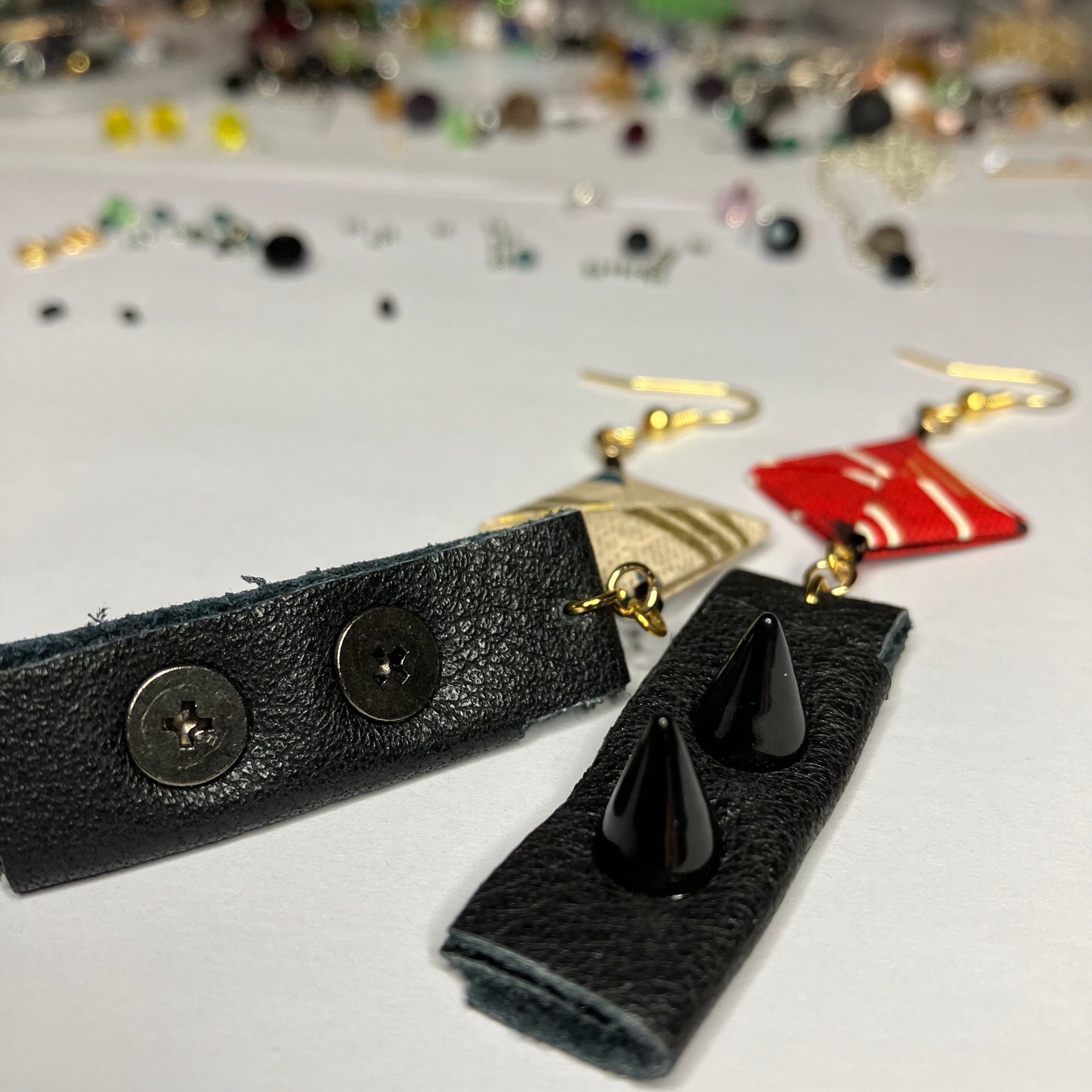 Japanese Paper and Leather Earrings – red and cream-beige