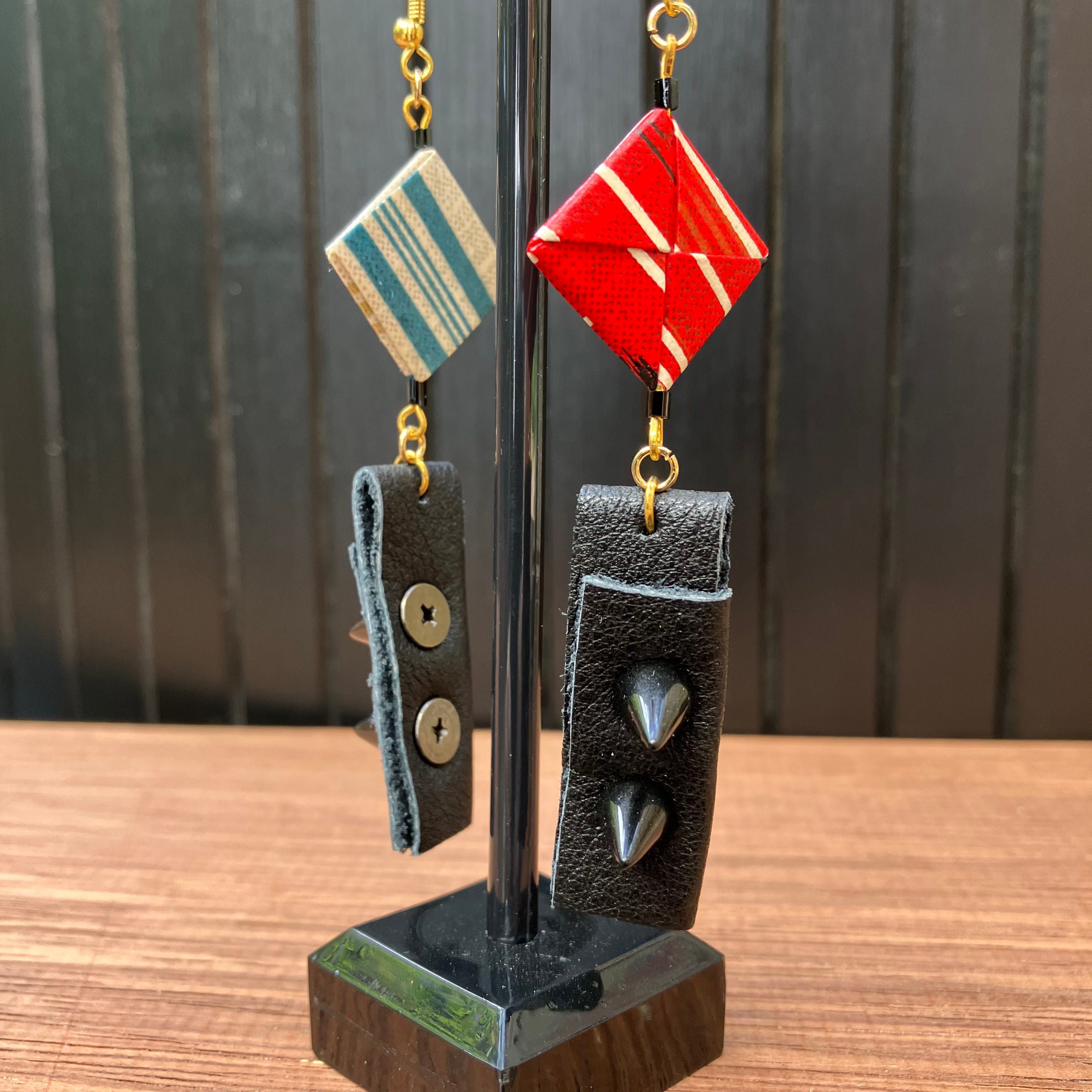 Japanese Paper and Leather Earrings – red and cream-beige