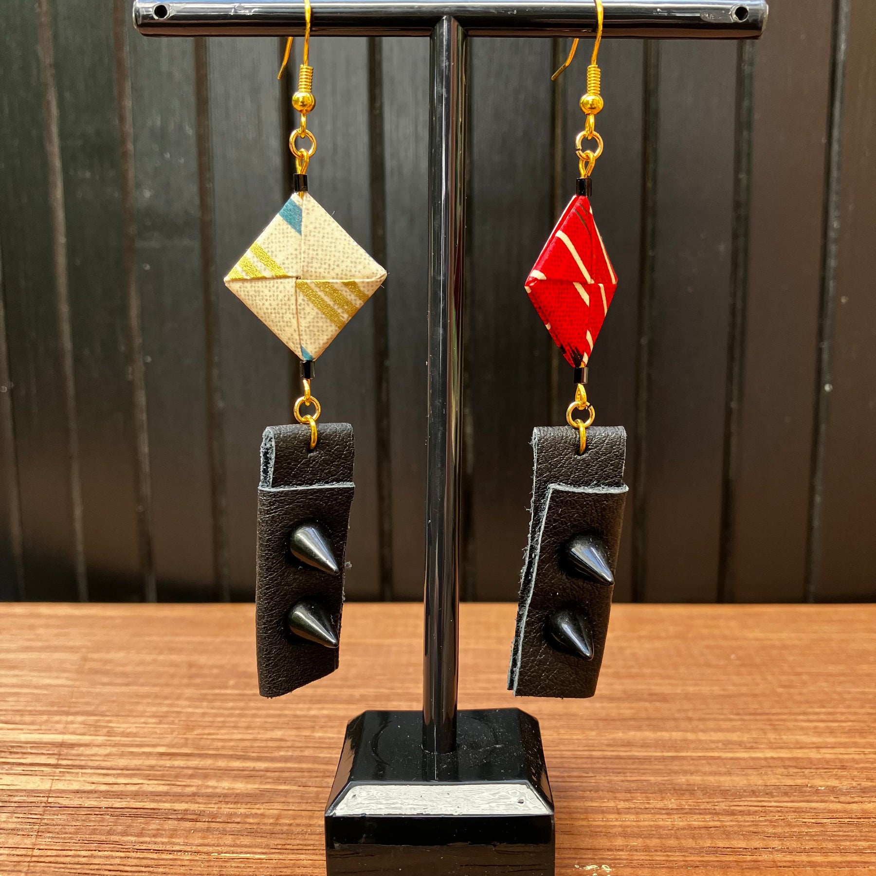 Japanese Paper and Leather Earrings – red and cream-beige