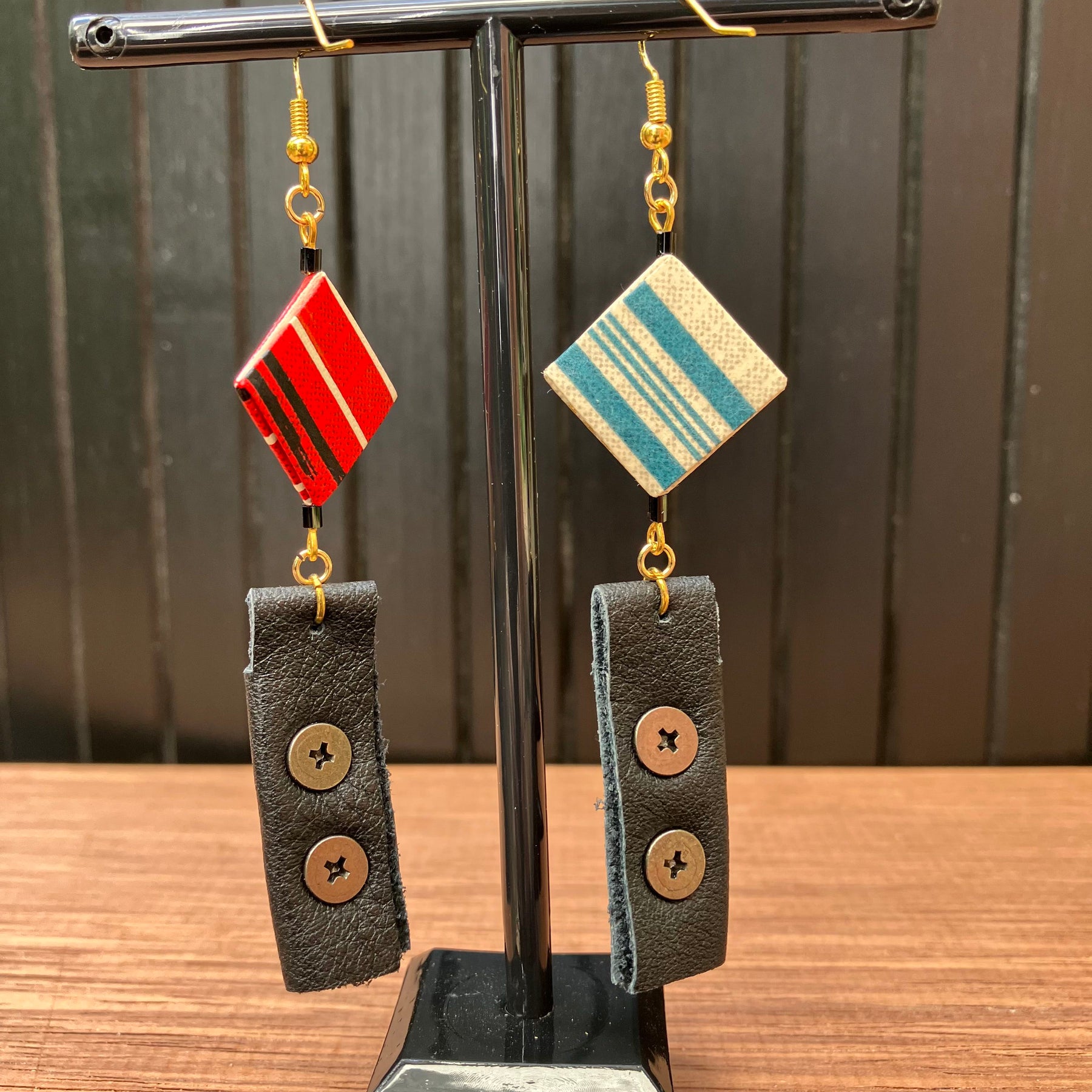 Japanese Paper and Leather Earrings – red and cream-beige