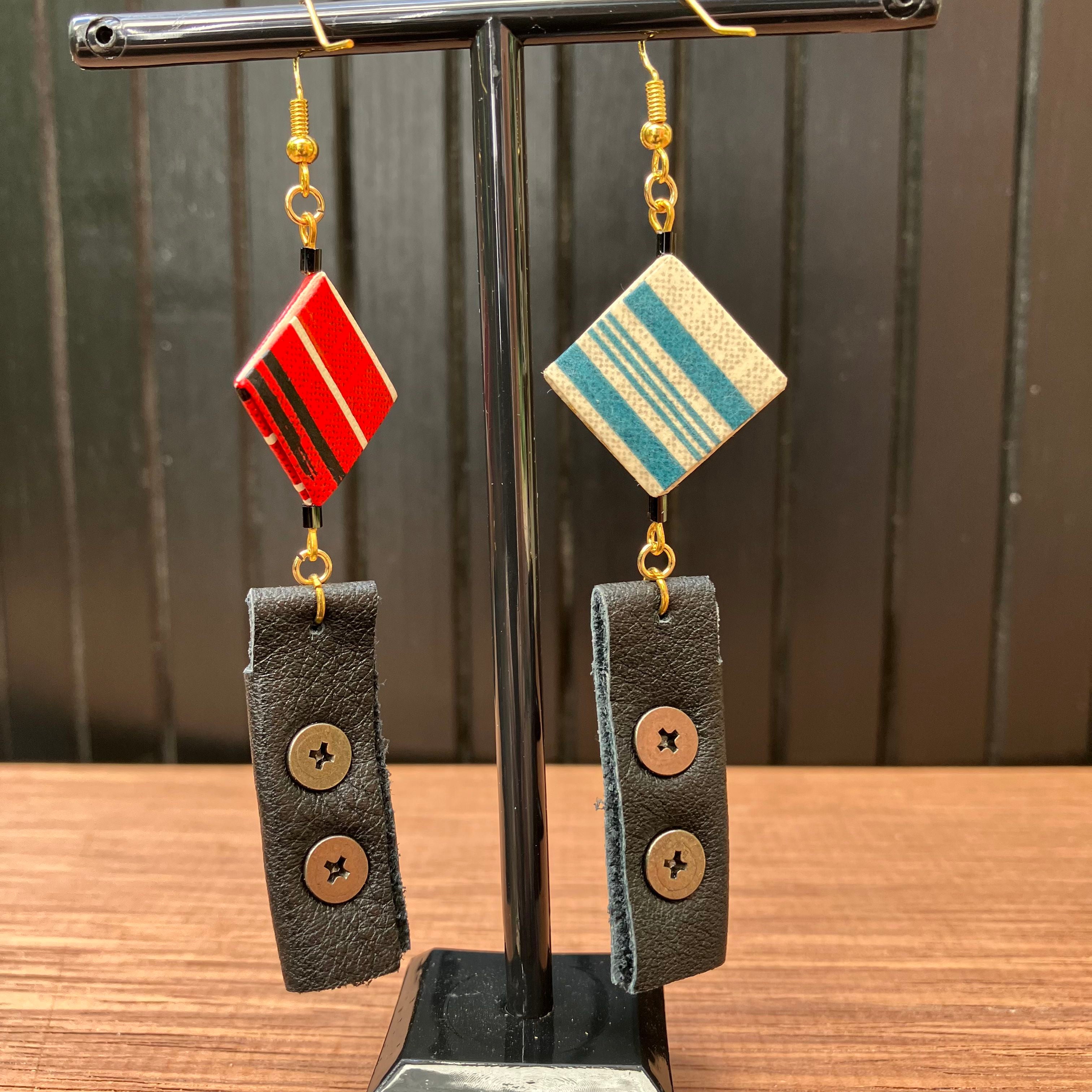 Japanese Paper and Leather Earrings – red and cream-beige