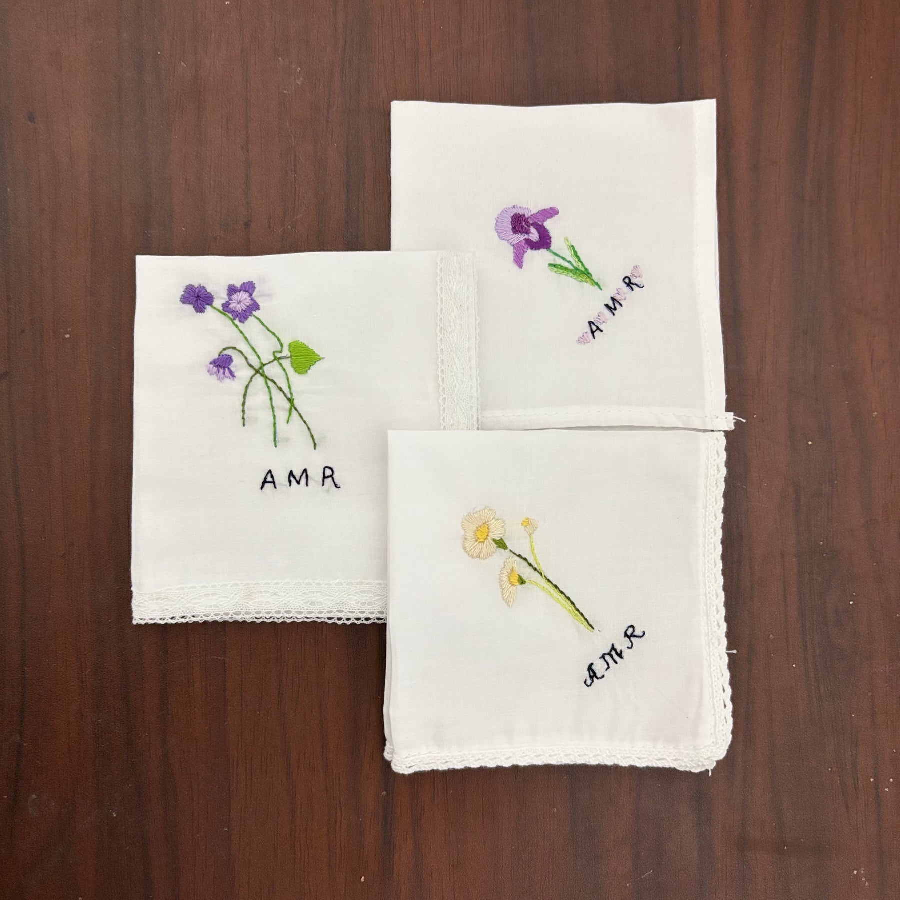Set of 3 Personalized Hand Embroidered Handkerchiefs