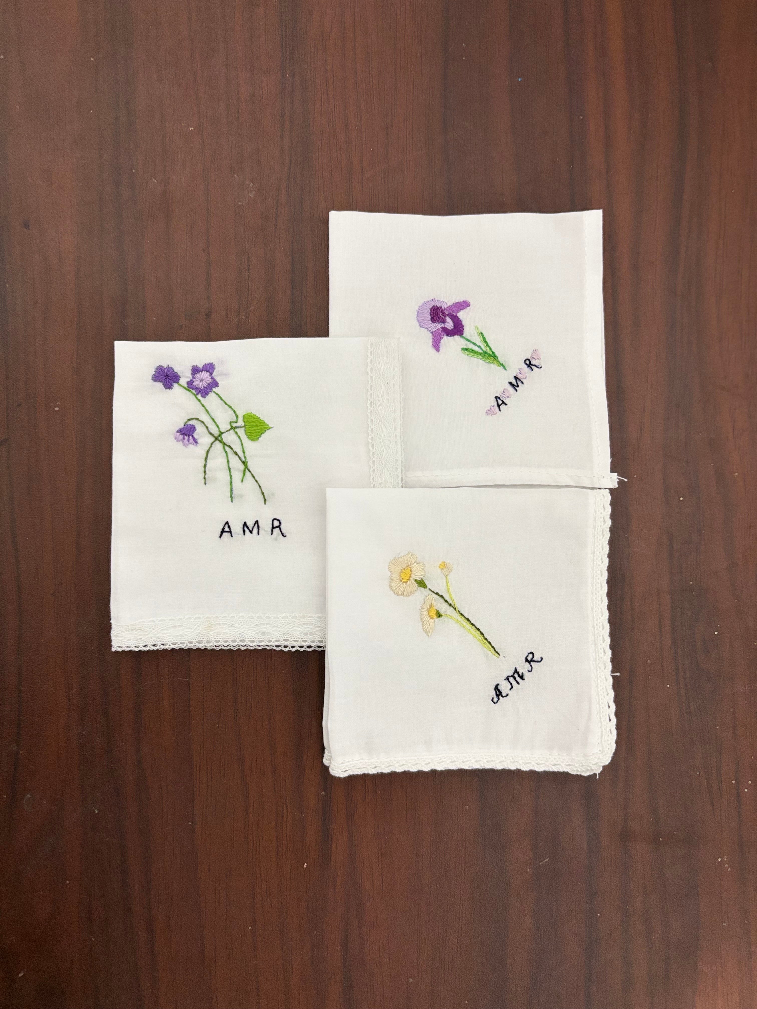Set of 3 Personalized Hand Embroidered Handkerchiefs