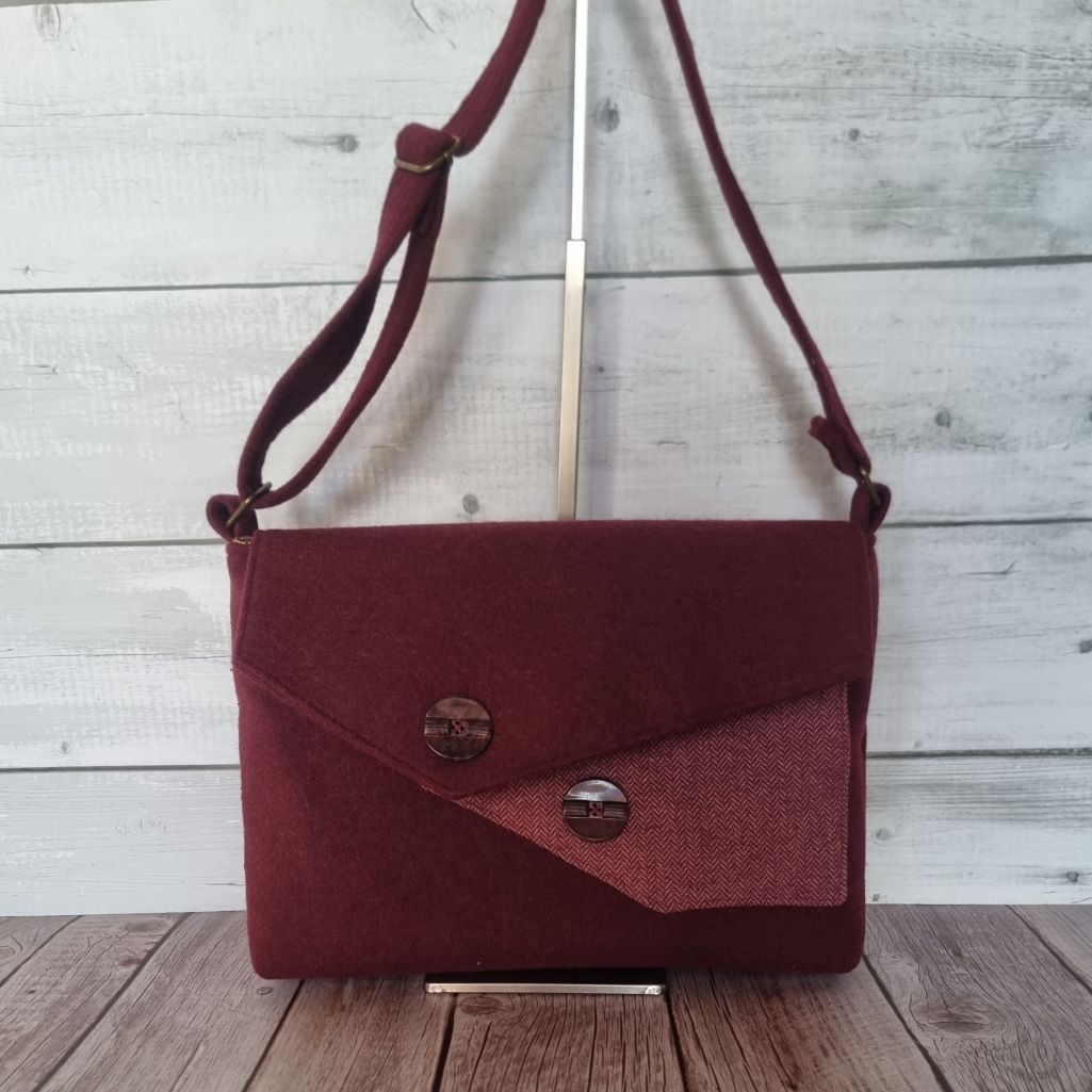 Upcycled assymetrical crossbody messenger bag - burgundy wool