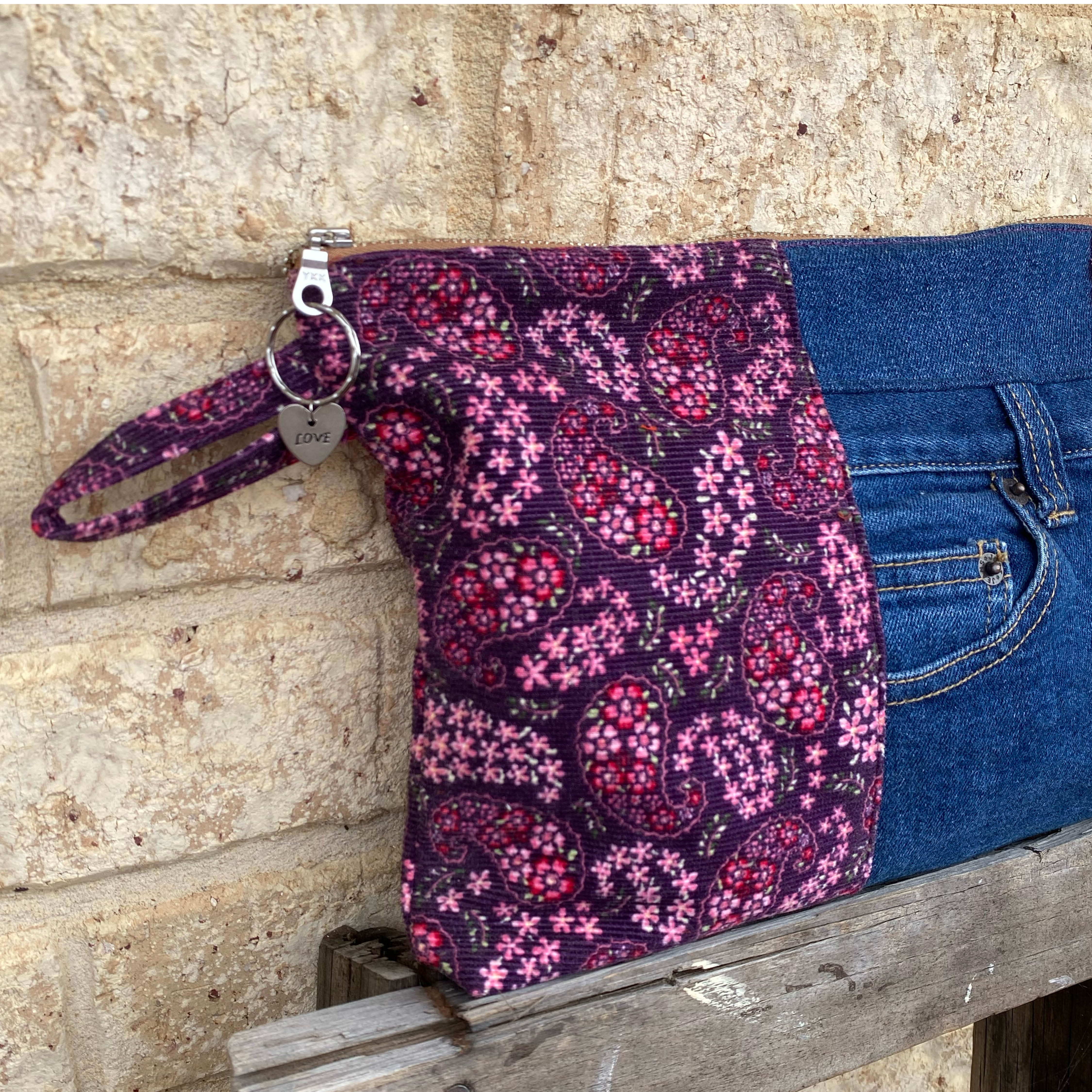 Paisley Pouch Cosmetic Everyday Bag Upcycled Vintage Fabrics & Denim