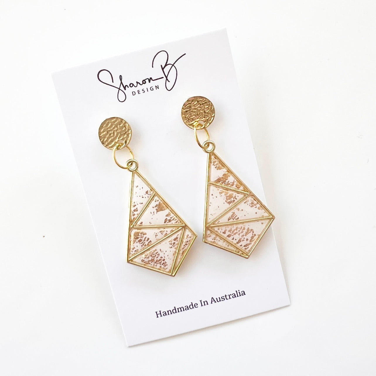 Earrings ~Polymer Clay Bezel Dangles ~ Gold and White