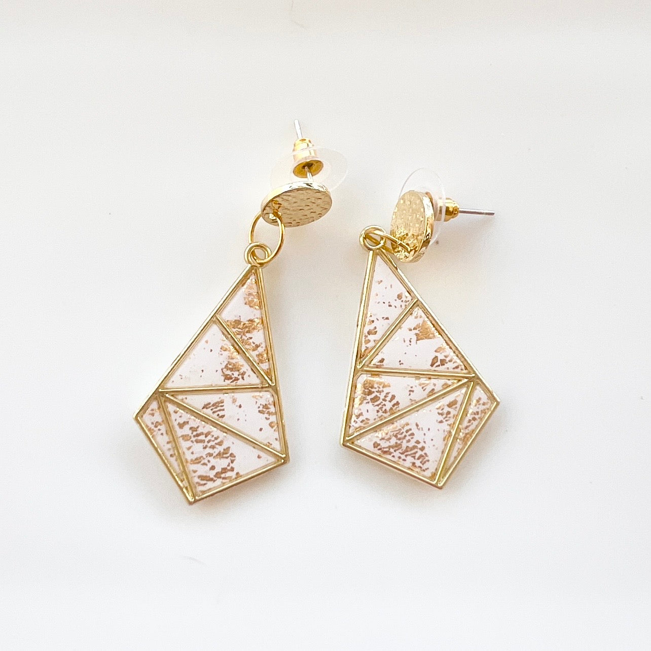 Earrings ~Polymer Clay Bezel Dangles ~ Gold and White