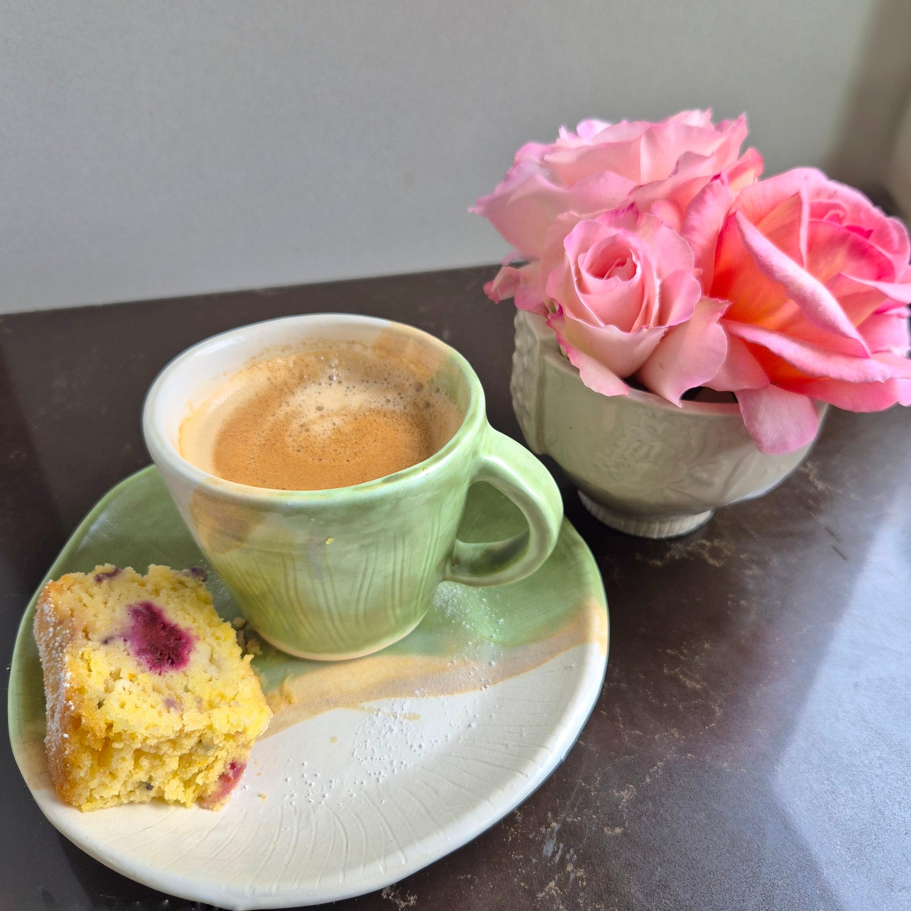 Handmade Ceramic Cup and Side Plate - Sage Green and White