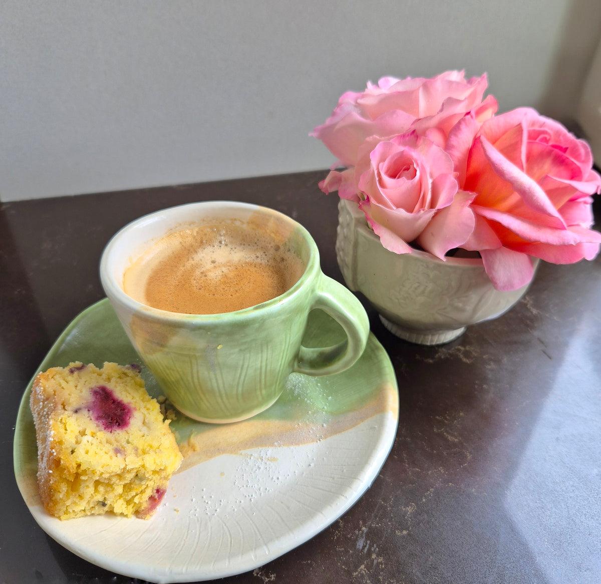 Handmade Ceramic Cup and Side Plate - Sage Green and White