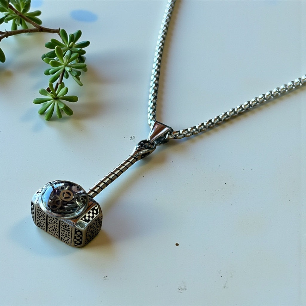 Steampunk watch parts hammer mens necklace