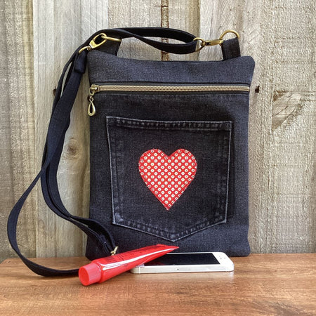 Black Upcycled Denim Cross Body Bag – Red Heart