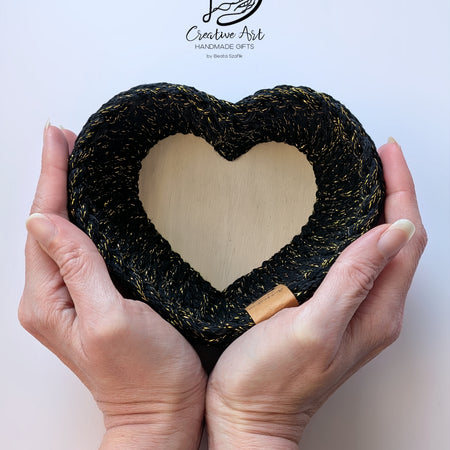 Crochet Heart Trinket Basket with Wood Base - delicate edge