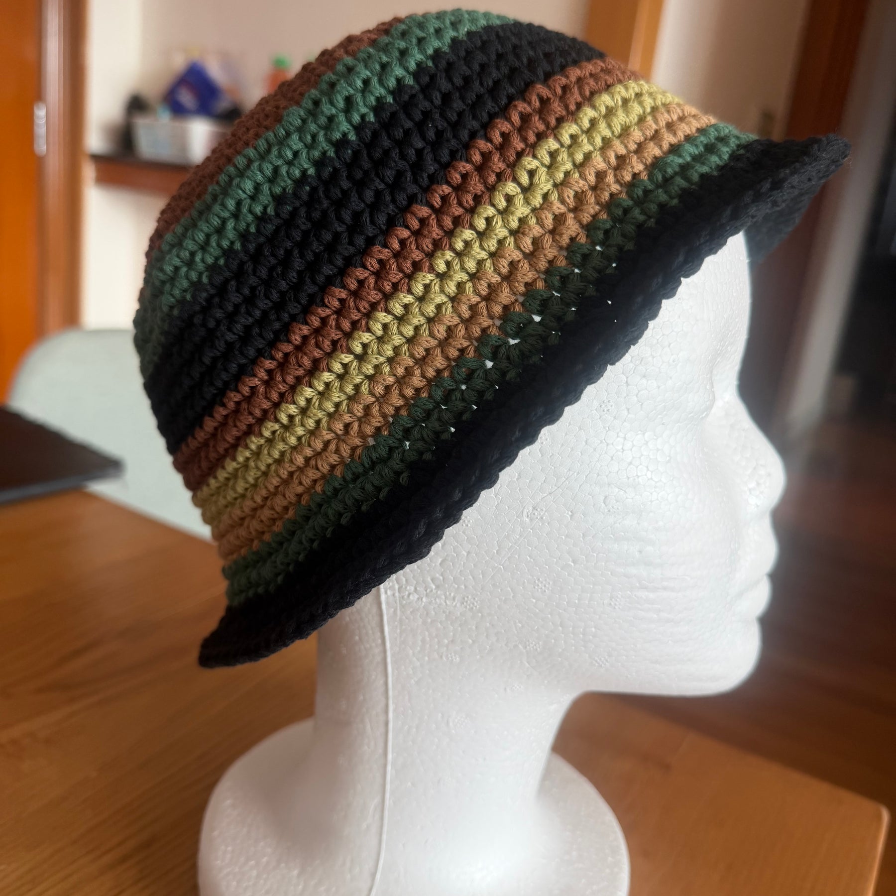Handmade Striped Crochet Bucket Hat – Earthy Colours \| Custom Colours Available