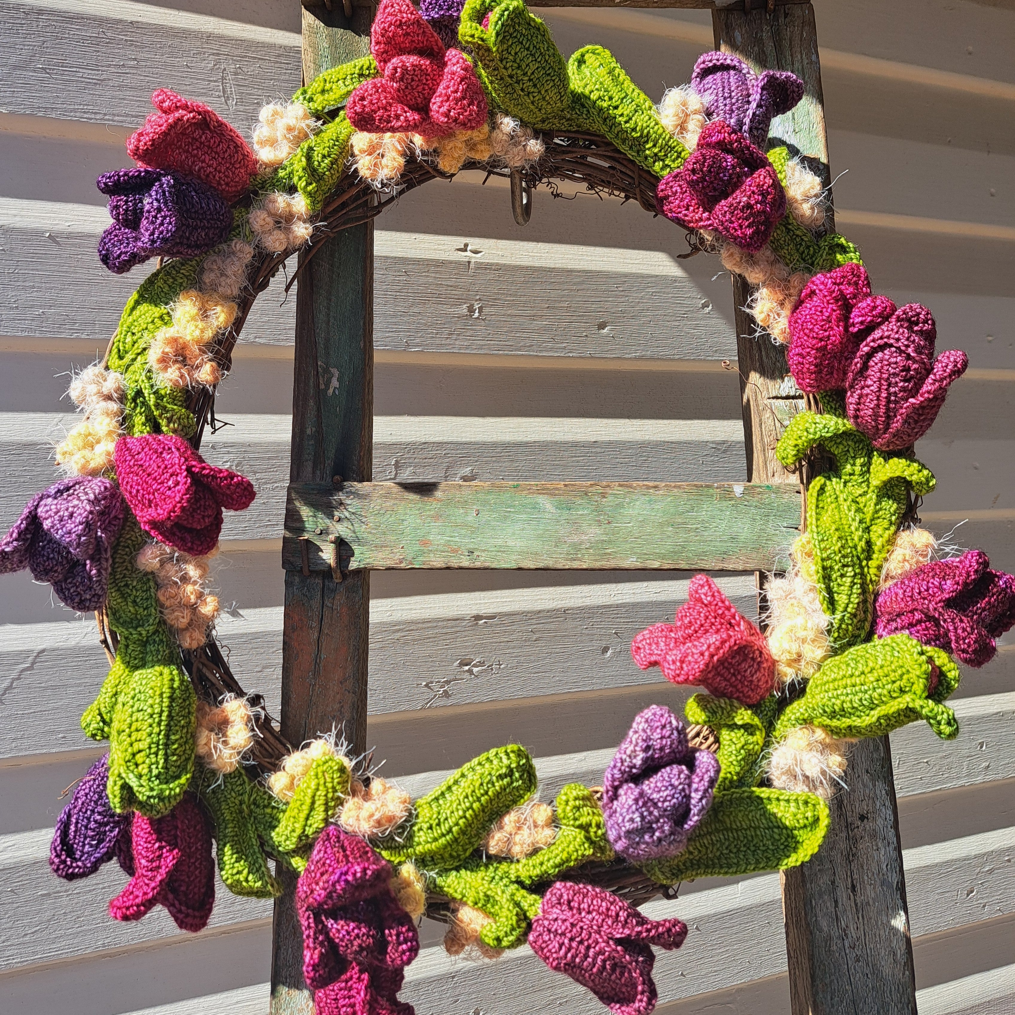 Handmade crochet tulip wreath pinks purples